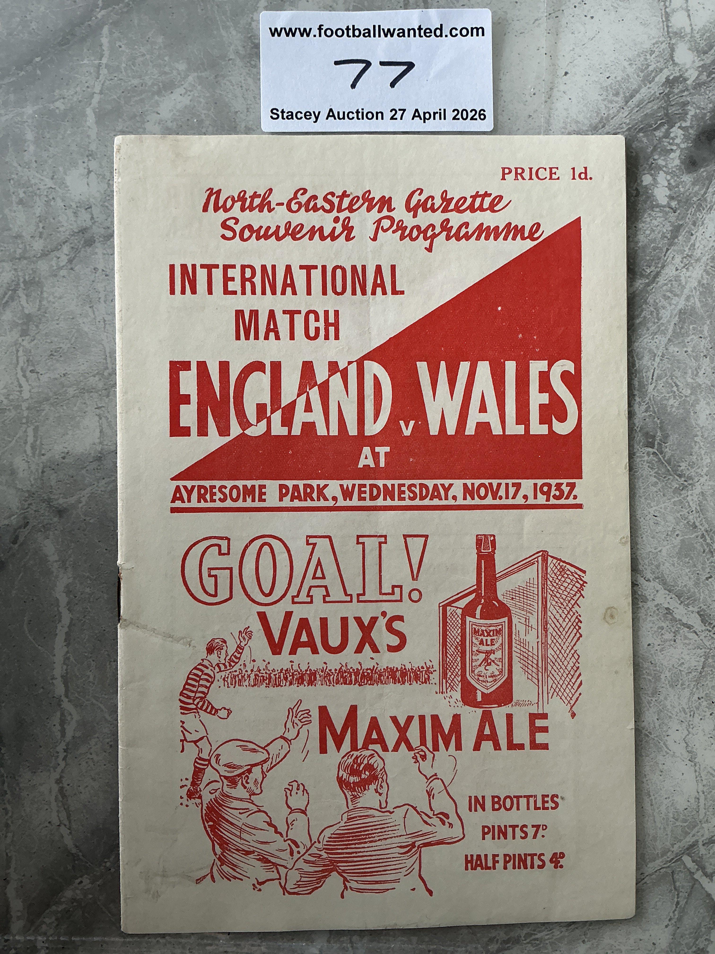 1937 England v Wales Football Programme: Excellent condition with no team changes for full international played at Middlesbrough. 