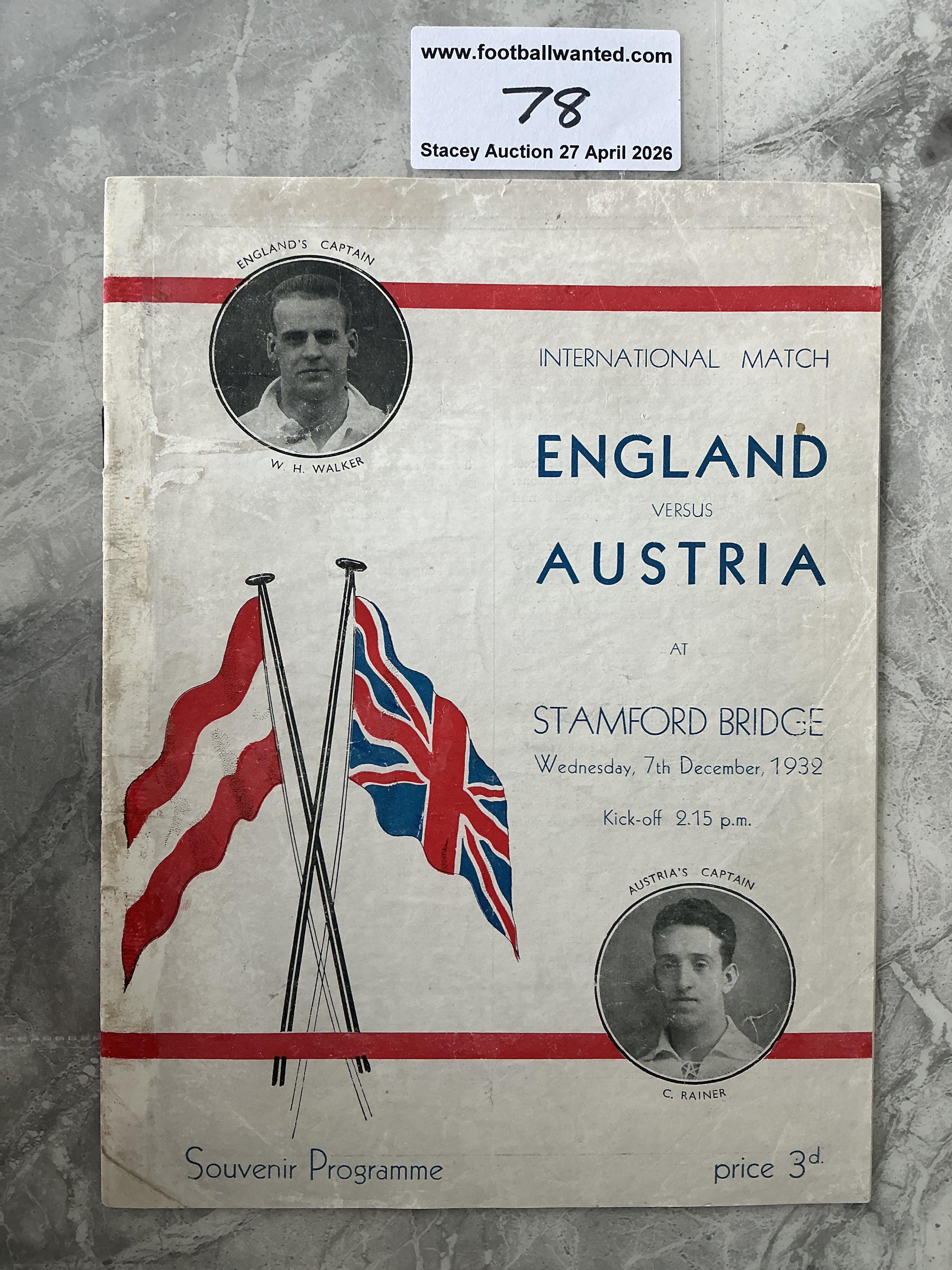 1932 England v Austria Football Programme: Good condition with no team changes after professional repair to spine for full international played at Chelsea. 