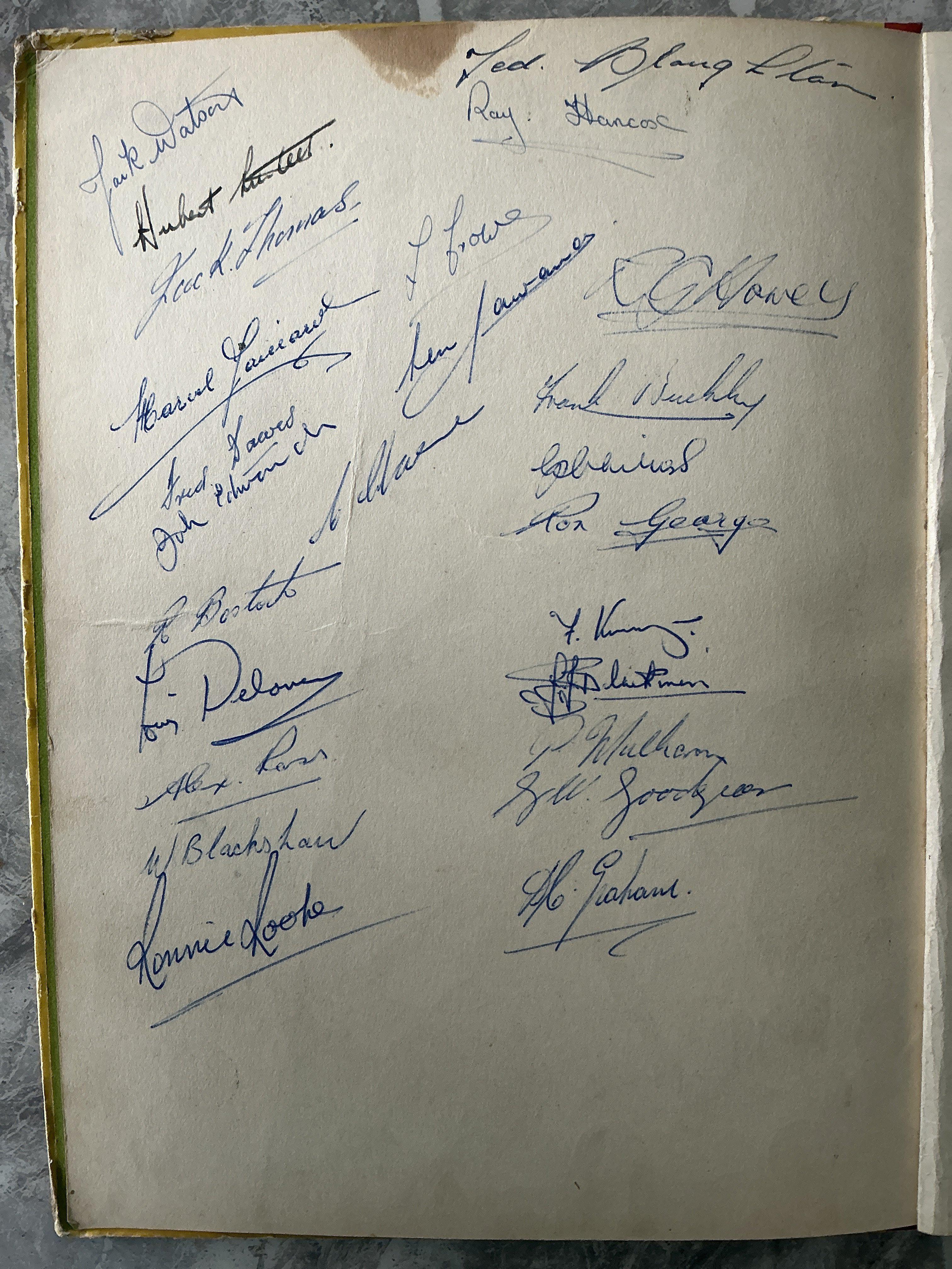49/50 Crystal Palace Football Autographs: Large blank page inside a football book which appear to be mainly Crystal Palace first team players possibly with some reserves but a few are unknown. Includes Ronnie Rooke Ron George Jack Thomas Jack Watson Hubert Surtees Dick Graham and 19 others. 