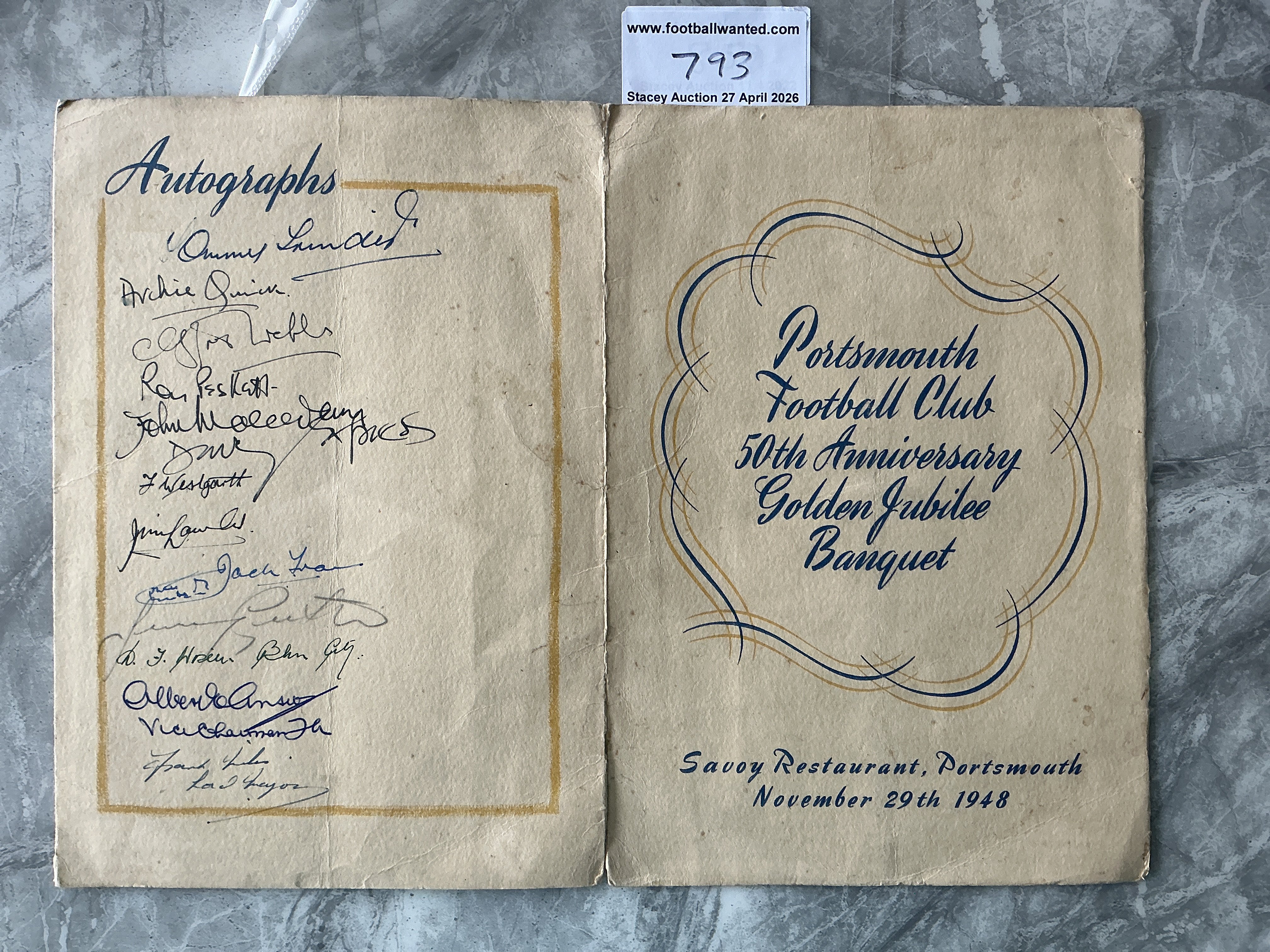 Portsmouth 1948 Signed Football Menu: Large November 1948 50th anniversary golden jubilee banquet menu held at The Savoy Portsmouth. The back page which is designed for autographs is signed by Tommy Trinder, Journalist Roy Peskett and The Lord Major who was a top table guest. There are a further 11 autographs which do not appear to be players. Inside there is a table plan. Portsmouth were 1st Division champions this season. Tear on spine and tiny piece missing from table plan. 
