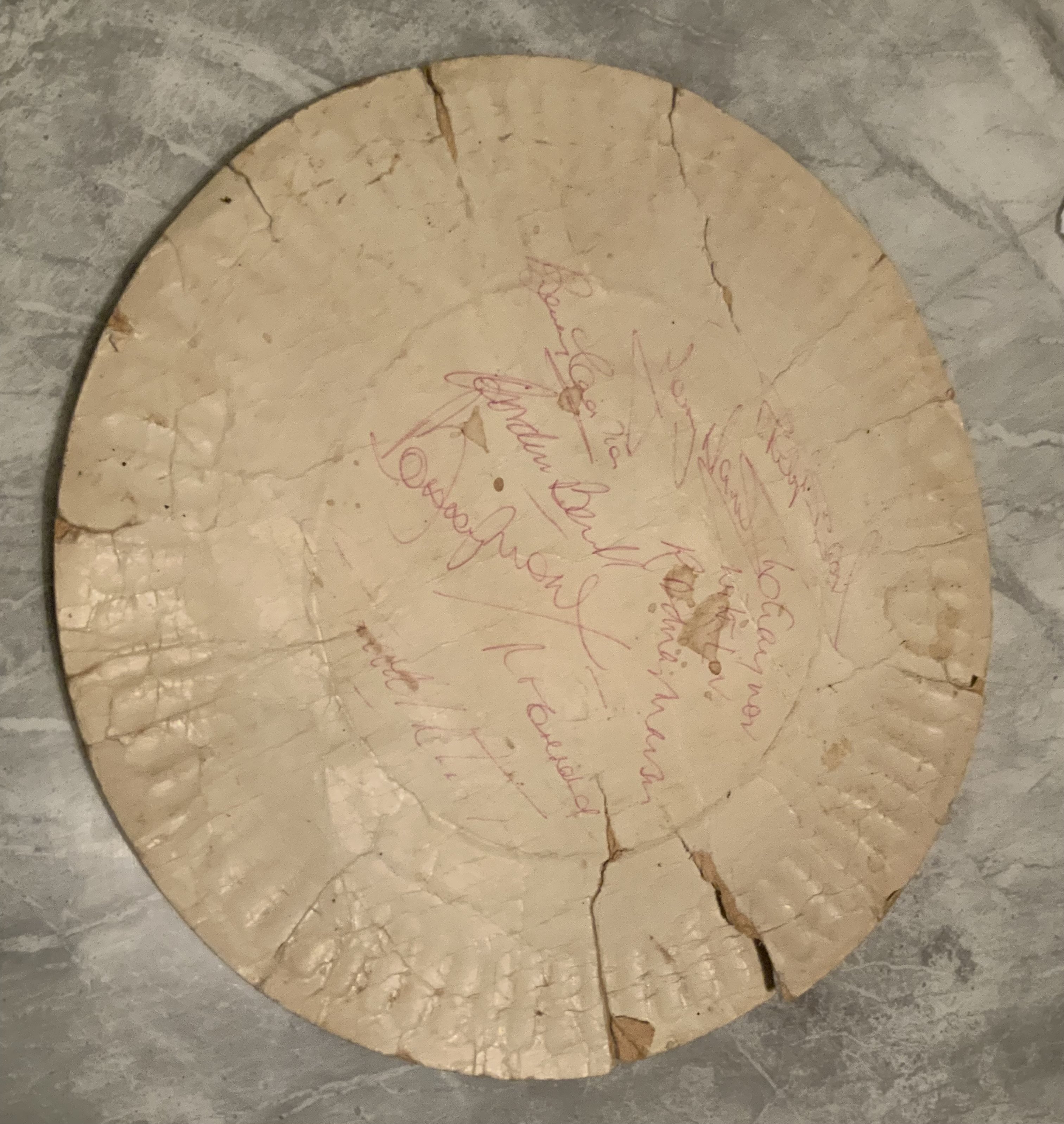 Bobby Moore + Charlton Signed Football Plate: Poor condition paper plate signed to rear by B Moore B Charlton P Beal P Crerand G Banks G Hurst and a dedication to Gaynor from Rodney Marsh. 