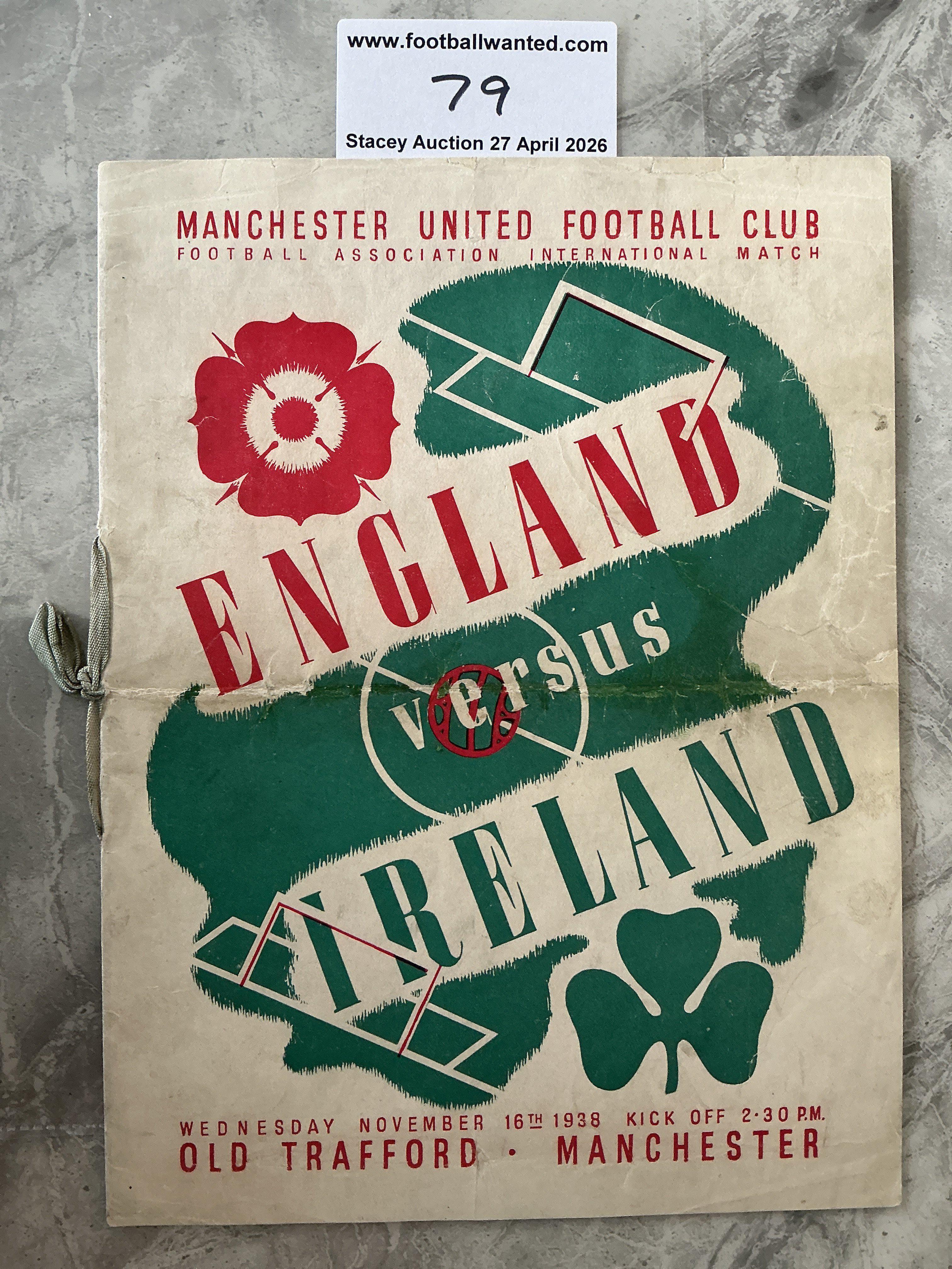 1936 England v Ireland VIP Football Programme: Played at Manchester United. Good condition with no team changes. Ribbon still present. Fold. 