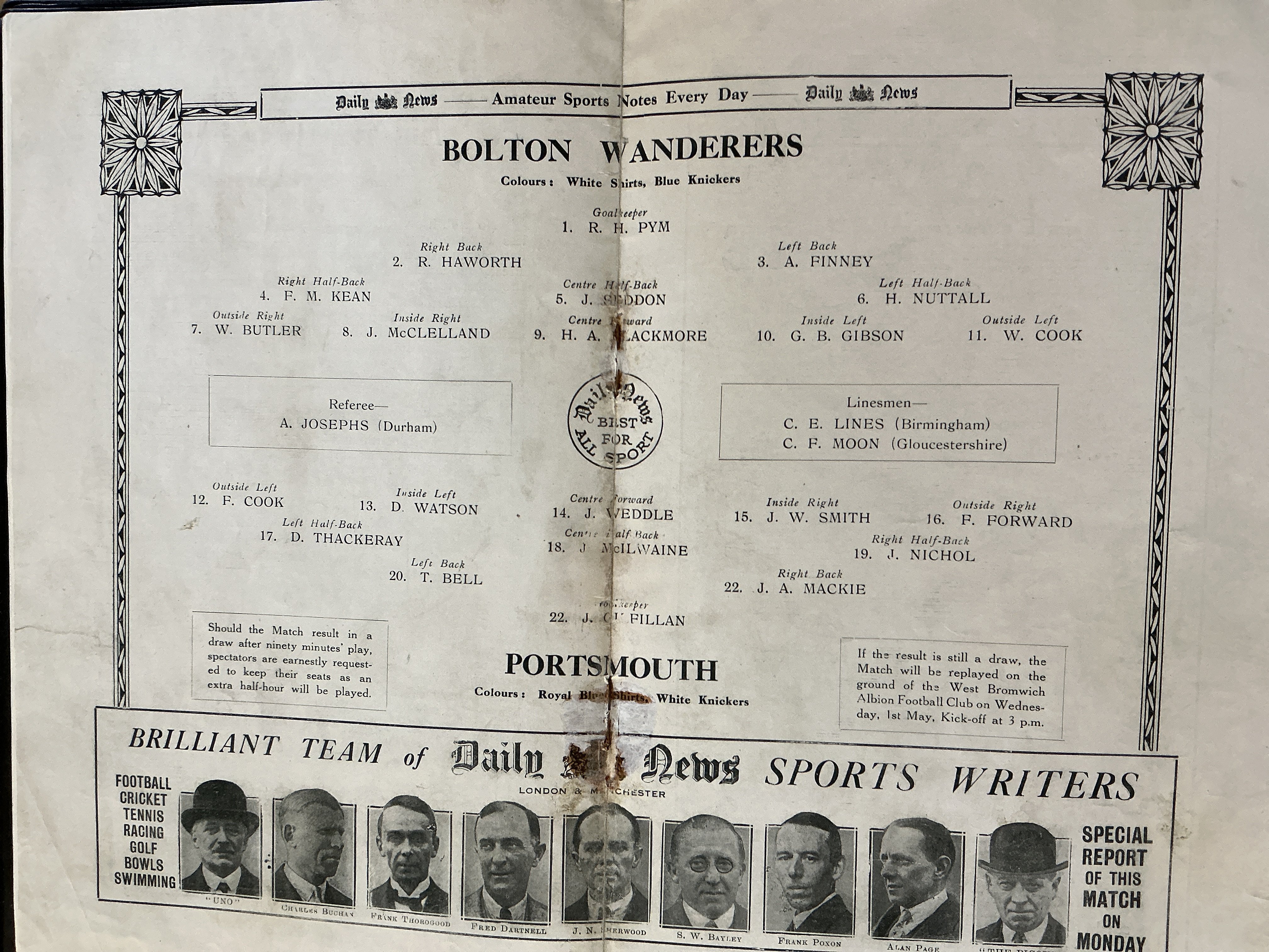 1929 FA Cup Final Football Programme: Bolton v Portsmouth in good condition with no team changes. Professional repair to centre page staple area.