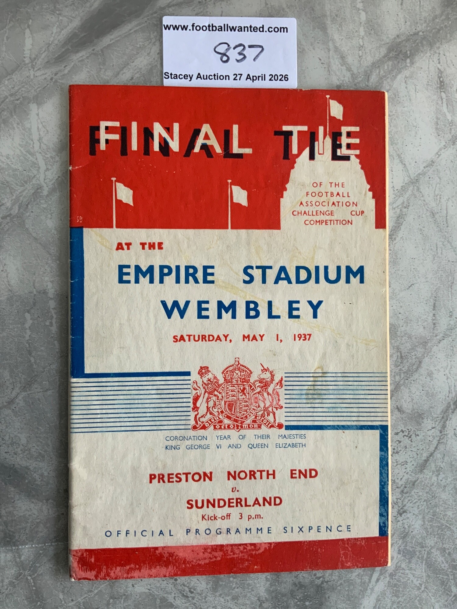 1937 FA Cup Final Football Programme: Preston v Sunderland in good condition with no team changes. Light stain.