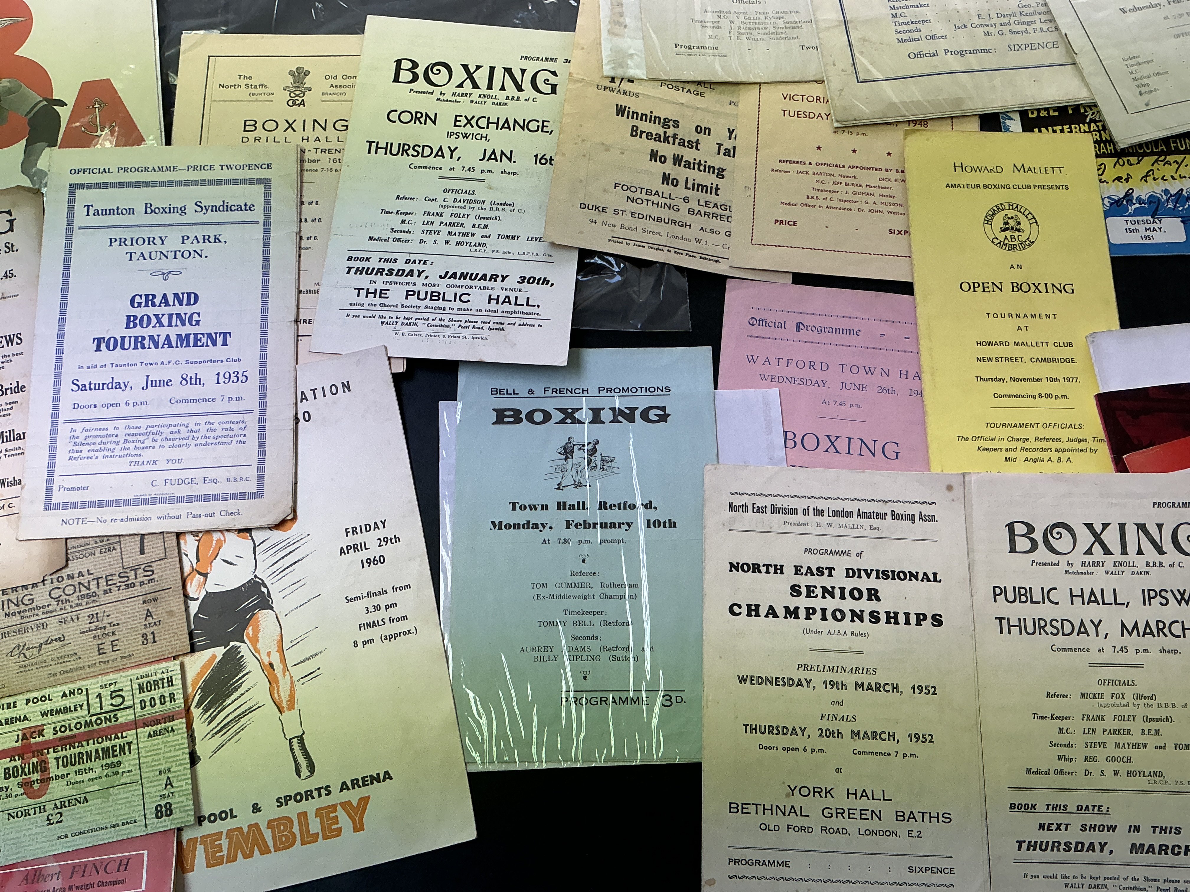Boxing Programmes: Wide variety of mainly amateur boxing from the 40s onwards. Spotted wartime and a 1935 tournament at Taunton. Wide range of locations. (21)