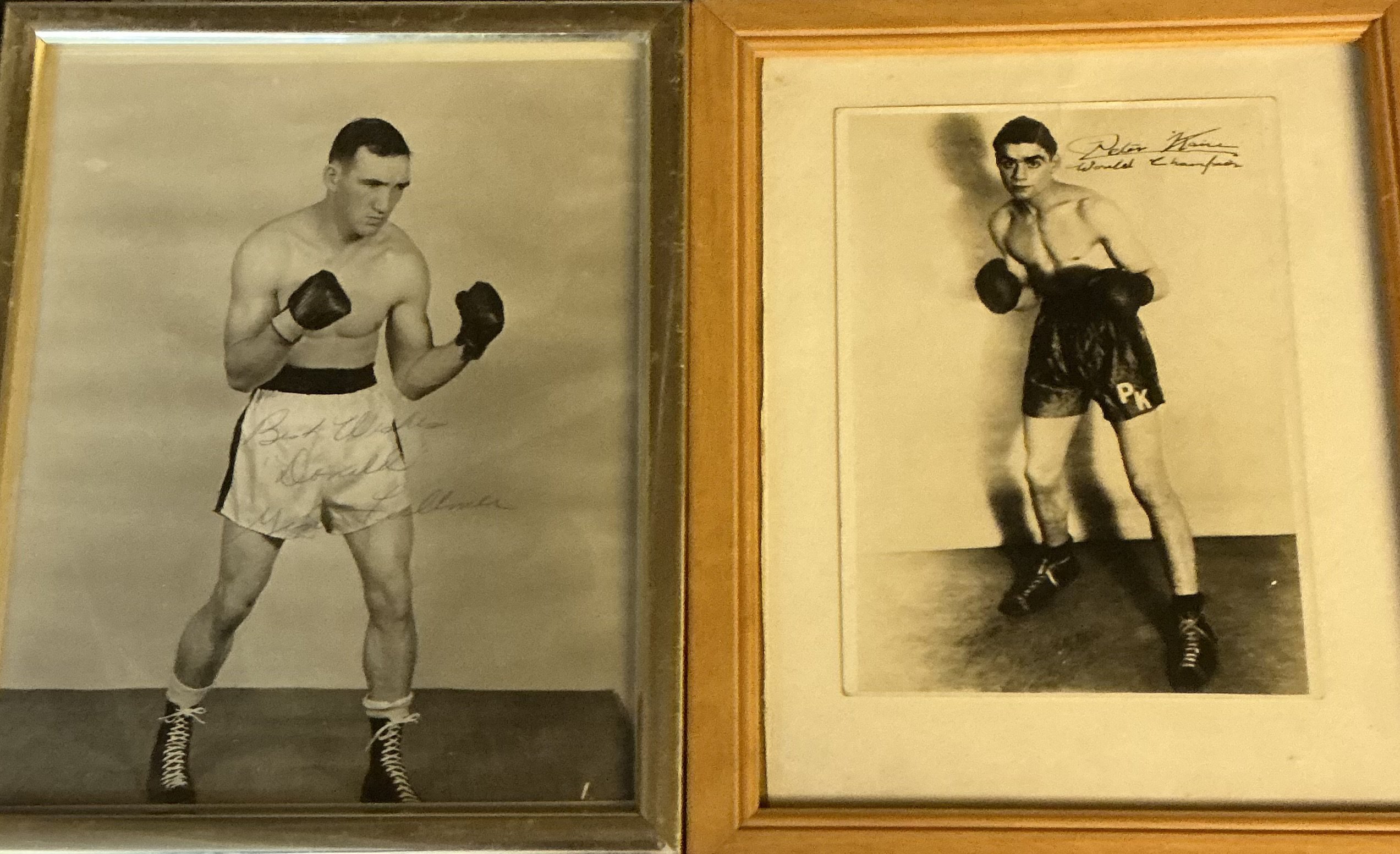 Signed Boxing Photos: Peter Kane 1930s and Gene Fullmer 1940s the latter dedicated. Both in frames which can be removed for posting. (2)