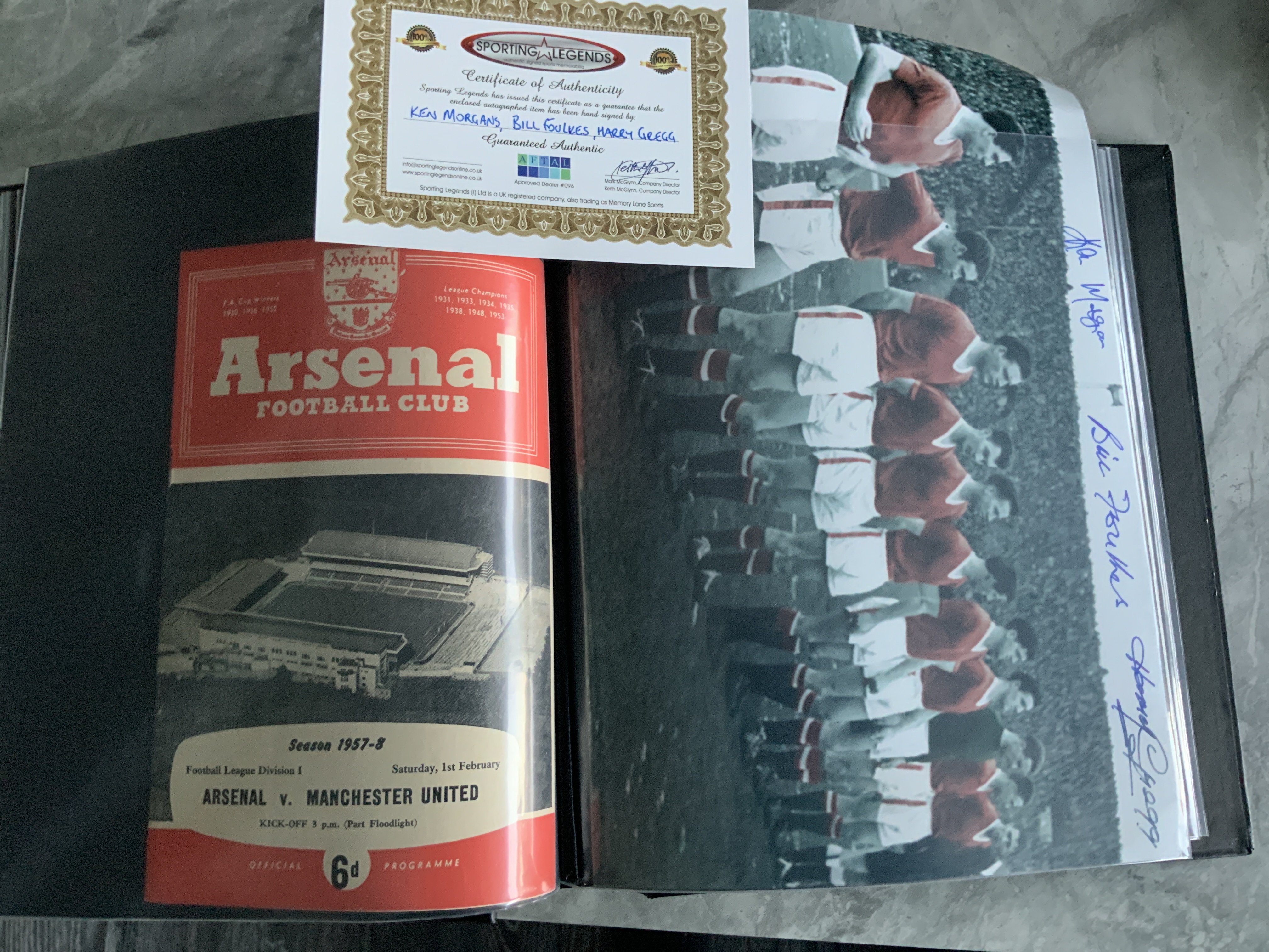 Manchester United Busby Babes Football Programmes: Folder containing home programmes from 57/58 to include Shamrock Everton Aston Villa Charity Shield AC Milan Bolton Sheffield Wednesday league with filled out team plus cup Notts Forest. Aways include Shamrock and the famous match at Arsenal which was the last of the Busby Babes on British soil. There is a photo of the last line up signed by Gregg Foulkes and Morgans plus 3 programmes from 56/57. Folder. 