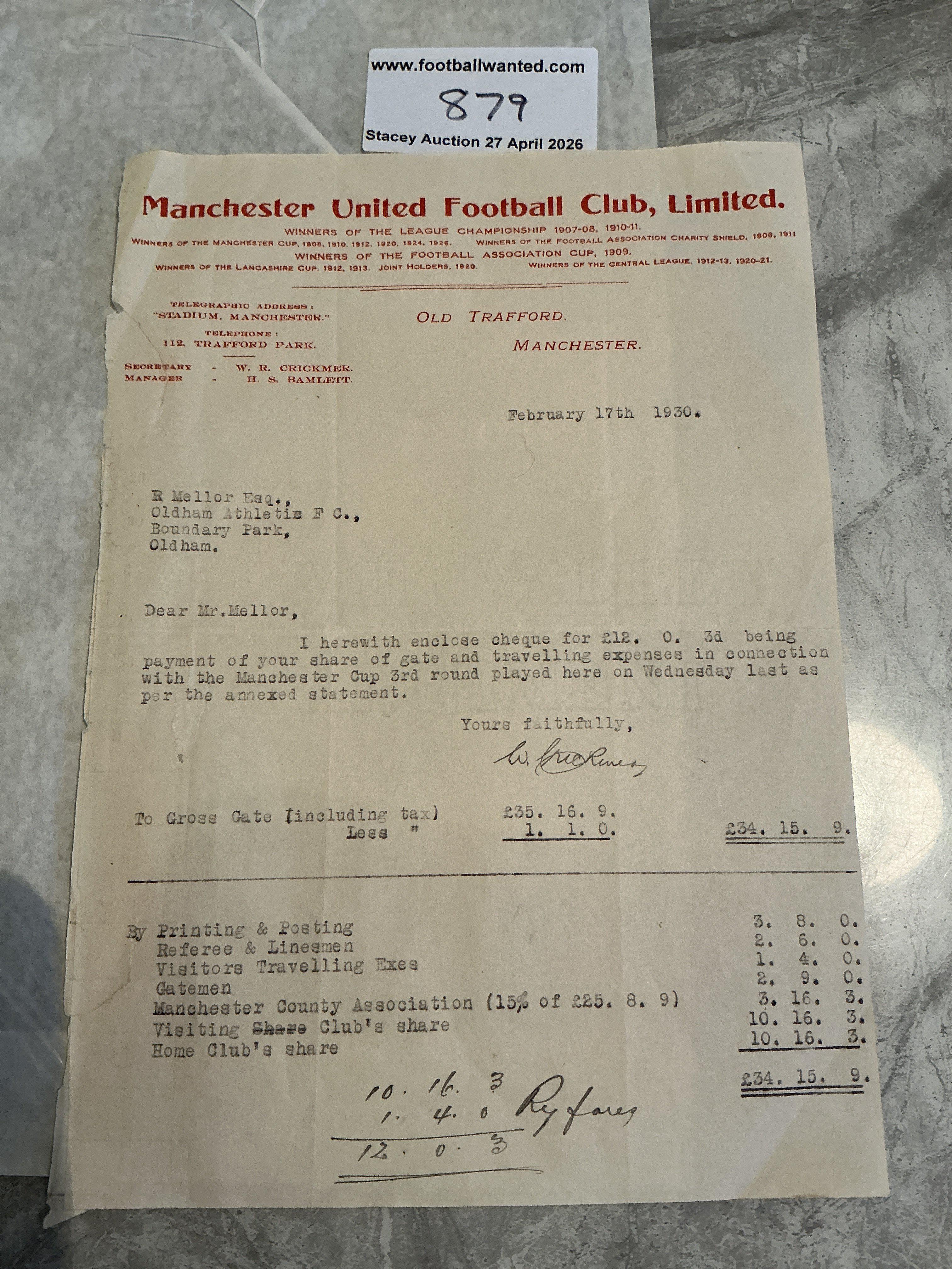 1930 Manchester United v Oldham FA Cup Football Letter: Original letter on Manchester United headed paper to Oldham with breakdown of expenses owed to them and breakdown of costs. Previously partially stuck down.