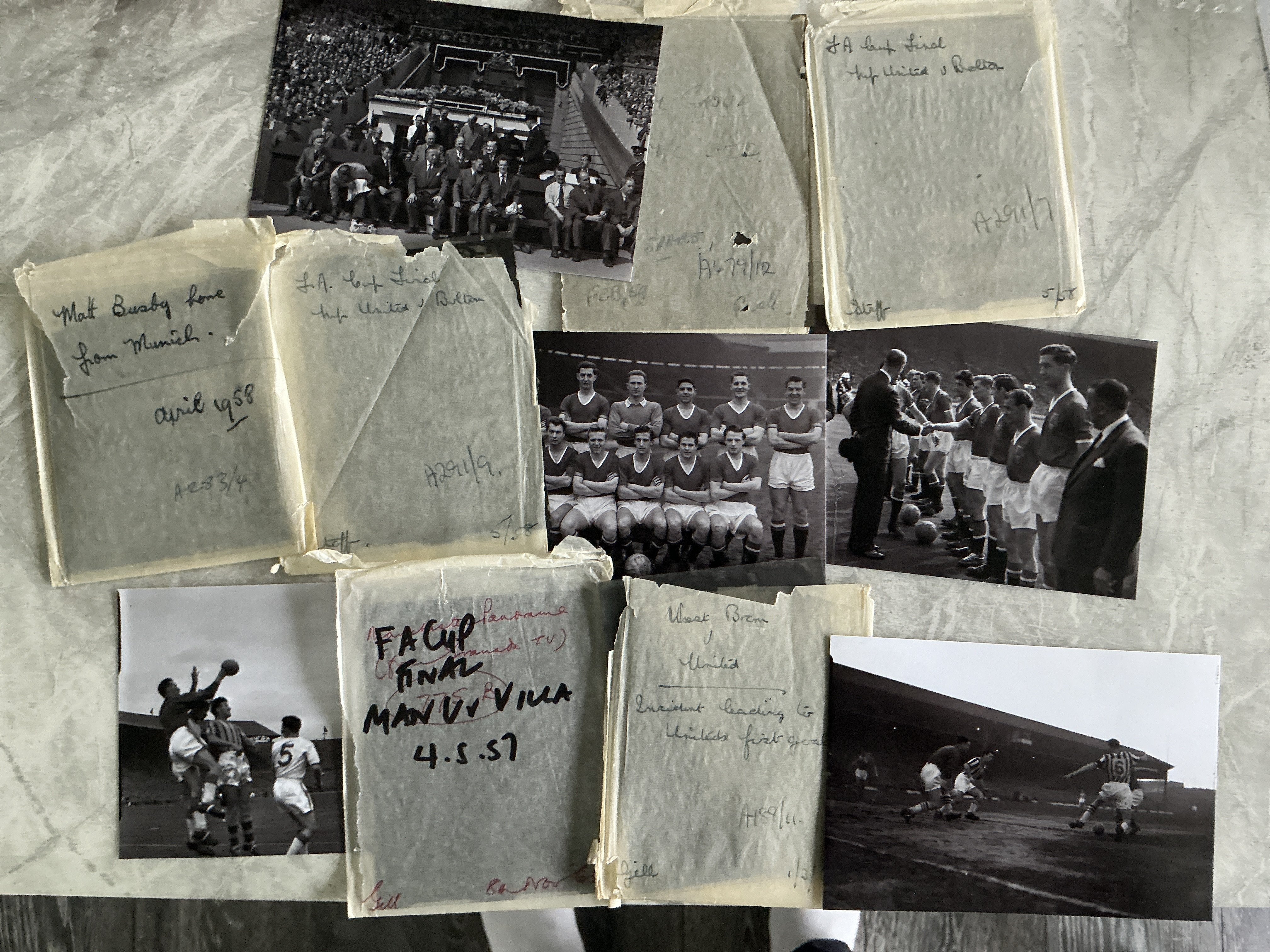 Manchester United 1957 + 1958 Glass Photo Negatives: Subjects include Matt Busby home from Munich, 1957 + 1958 FA Cup finals, West Brom away. 5 of the 6 have been recently reproduced so you can see what the glass negatives consist of. (6)