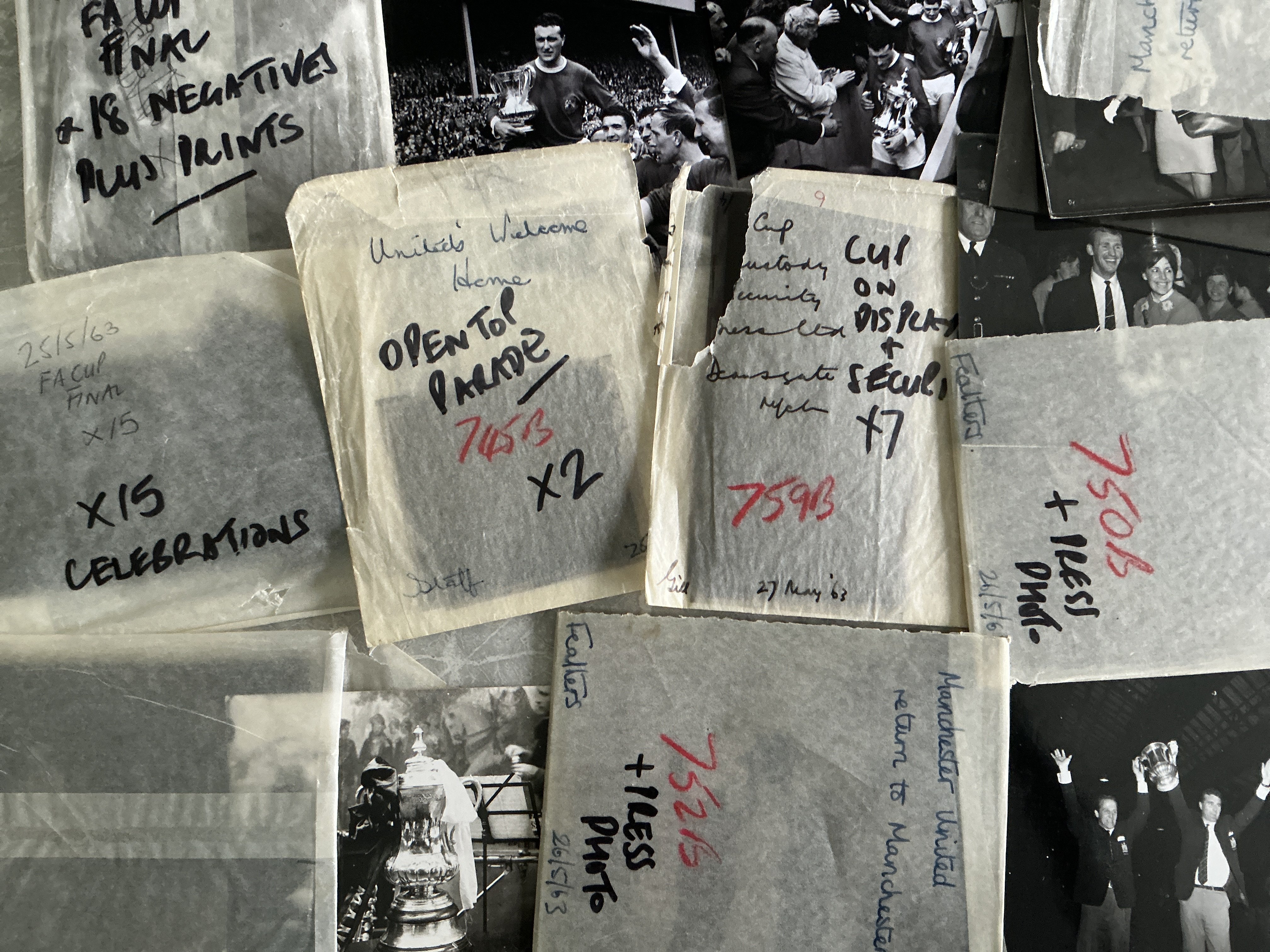 Manchester United 1963 FA Cup Final Photo Negatives: Subjects include post match celebrations, open top bus parade, returning home with trophy and much more. 4 are glass the rest the usual negatives with some reprints showing contents. (46)