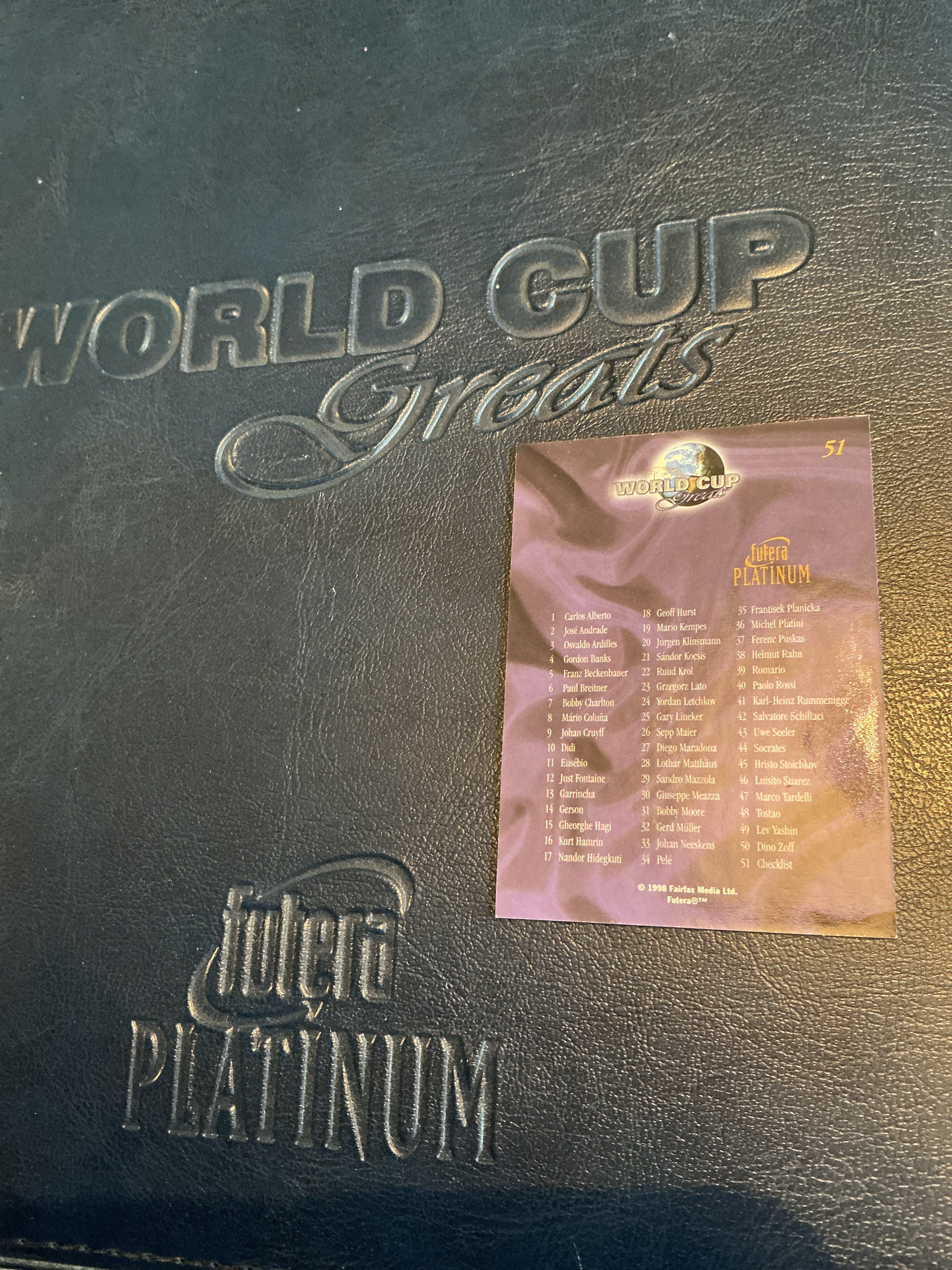 Manchester United + World Cup Greats Futera Platinum Cards: 3 complete sets in leather folders and certificate of authenticitys. European Champions 1999 x 2 plus World Cup Greats. (3)