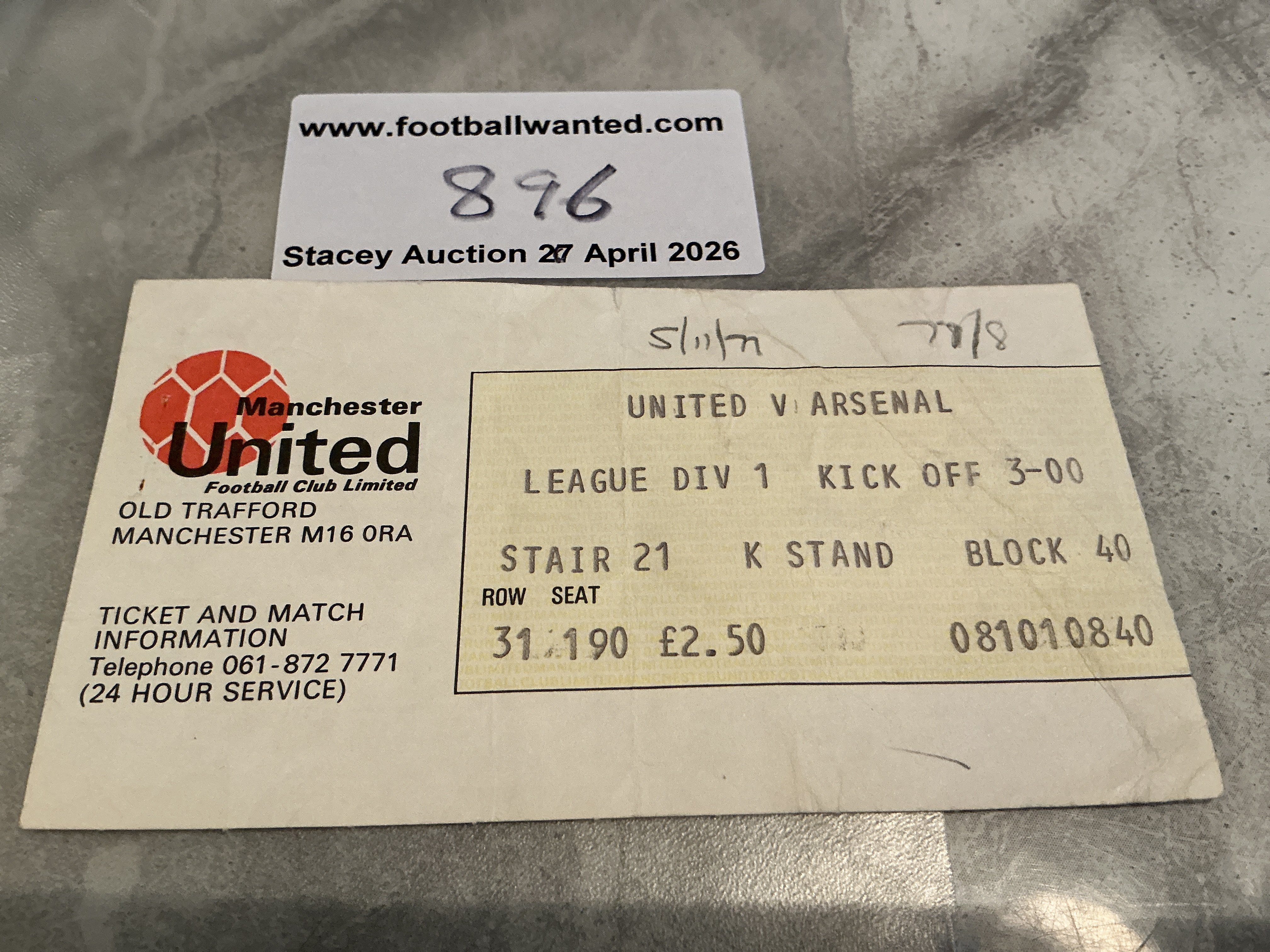 77/78 Manchester United v Arsenal Football Ticket: Date written in pencil to front border. Fold. 