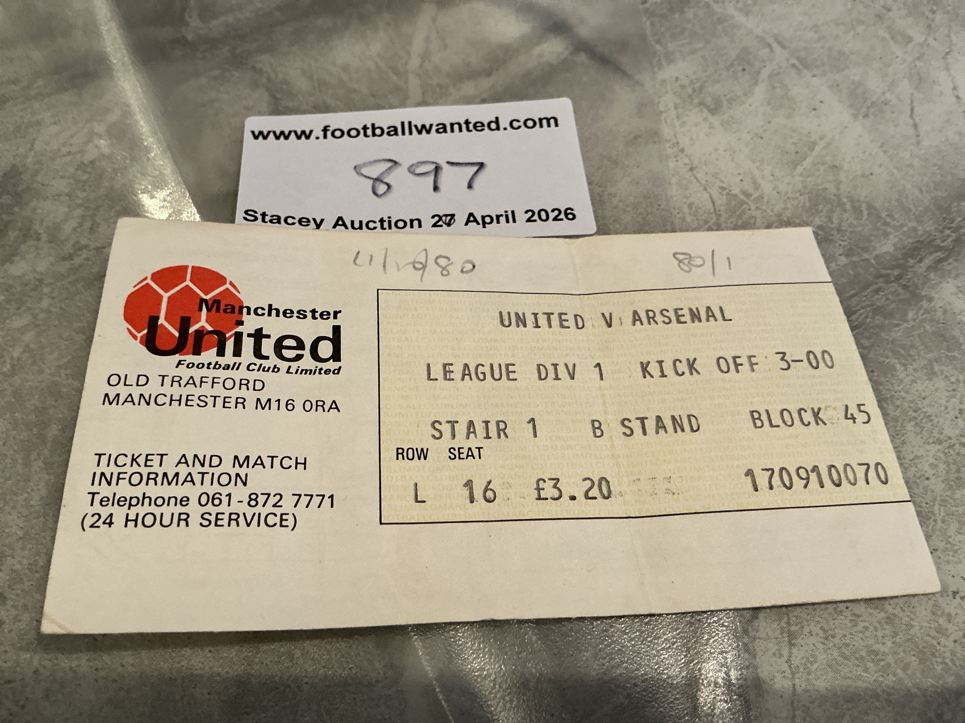 80/81 Manchester United v Arsenal Football Ticket: Date written in pencil to front border. Fold. 