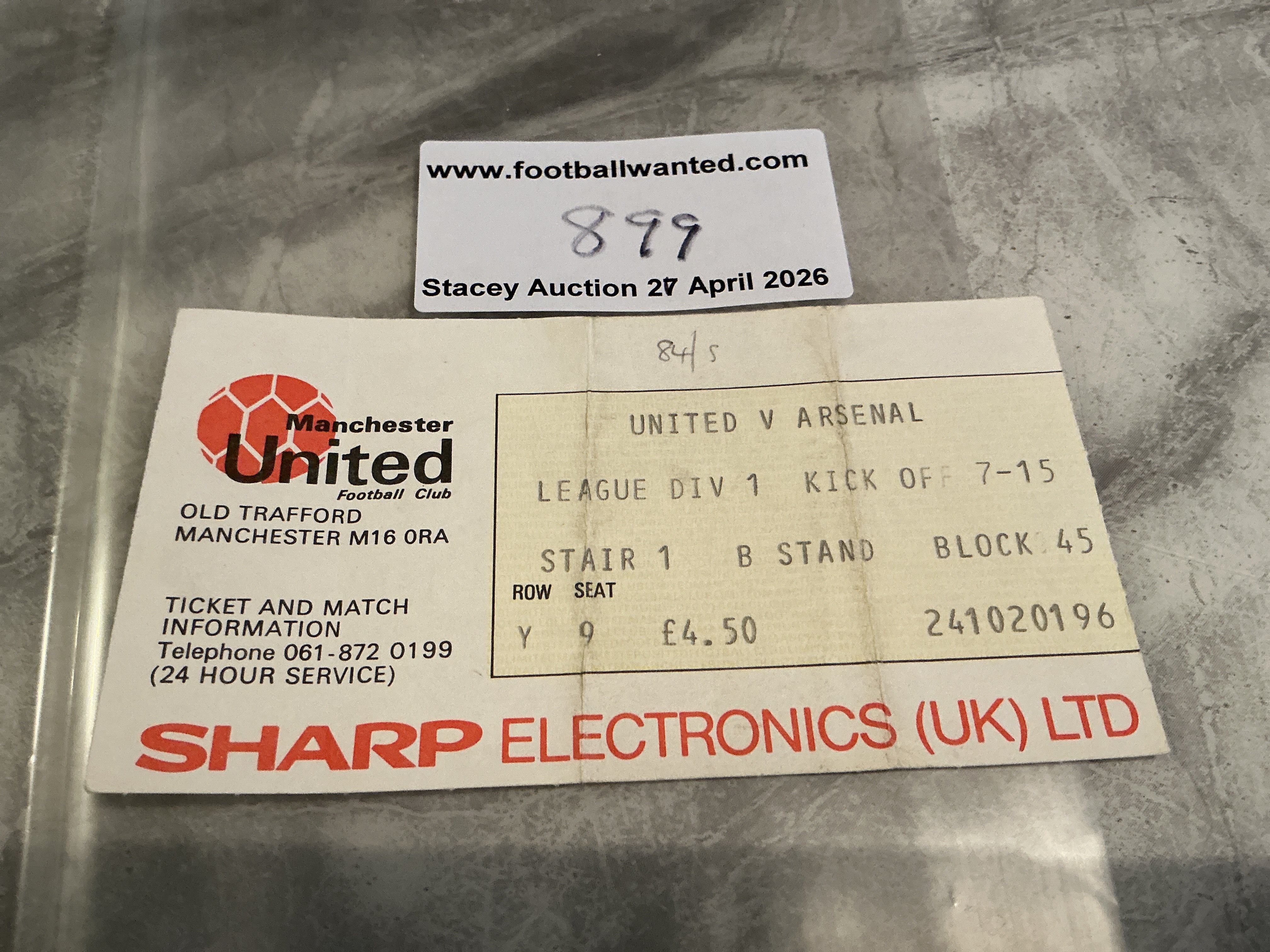 84/85 Manchester United v Arsenal Football Ticket: Season written in pencil to front border. Folding.