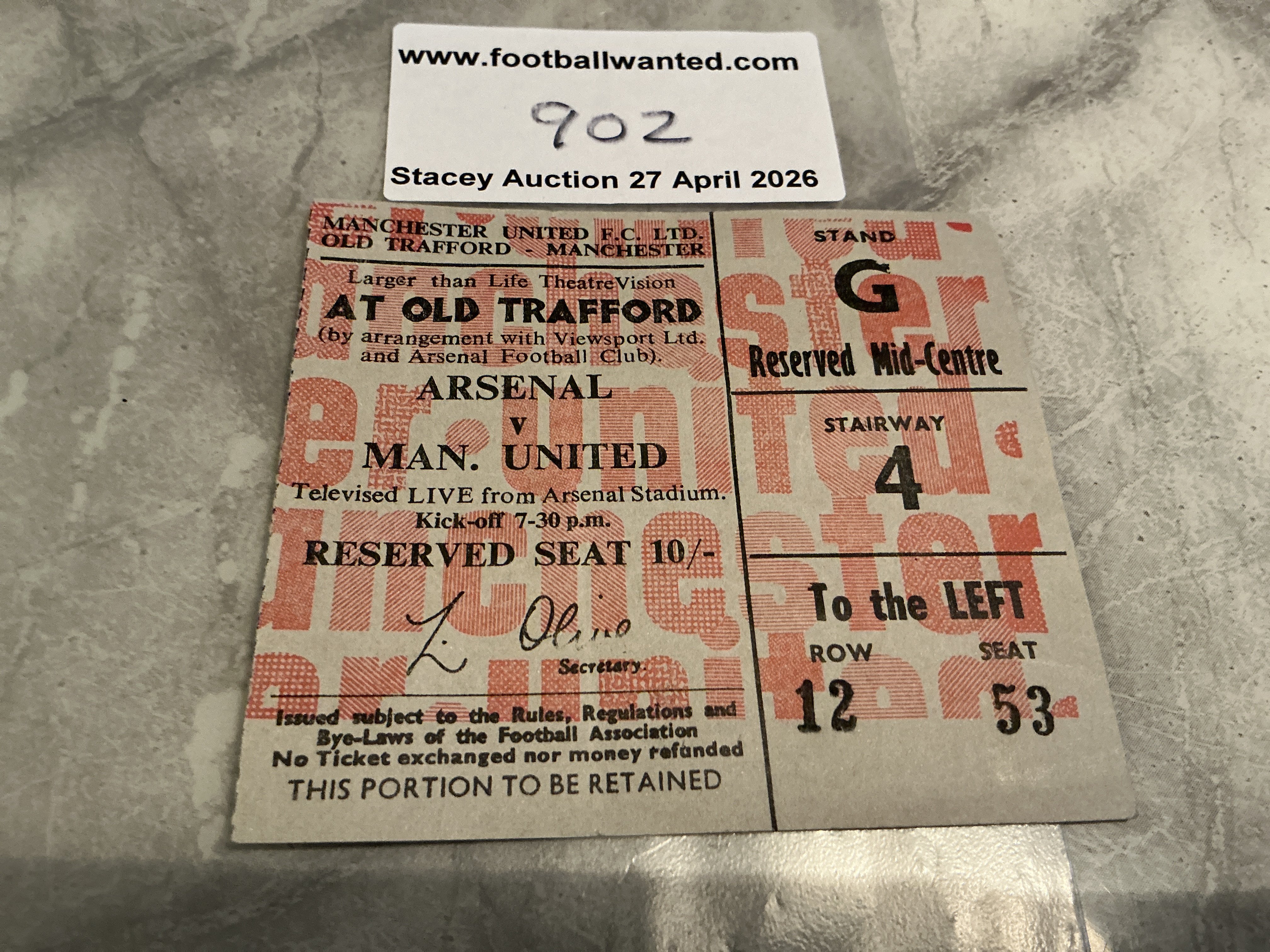 66/67 Manchester United v Arsenal Beam Back Football Ticket: Excellent condition league match beam back ticket for match played at Highbury. With Man Utd on the brink of being champions it was screened at Old Trafford. 
