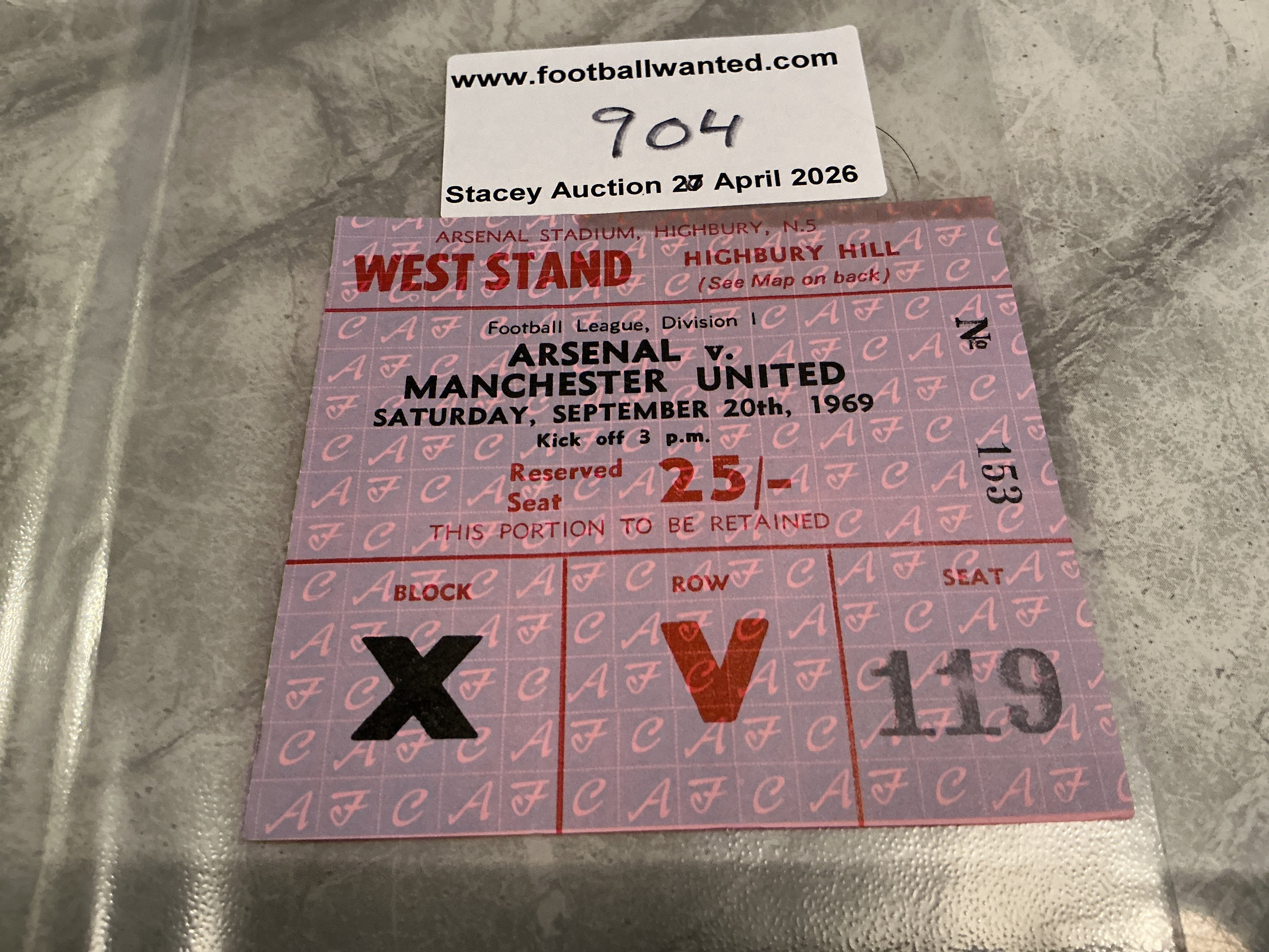 69/70 Arsenal v Manchester United Football Ticket: 1st division match ticket dated 20 9 1969. Slight mark.