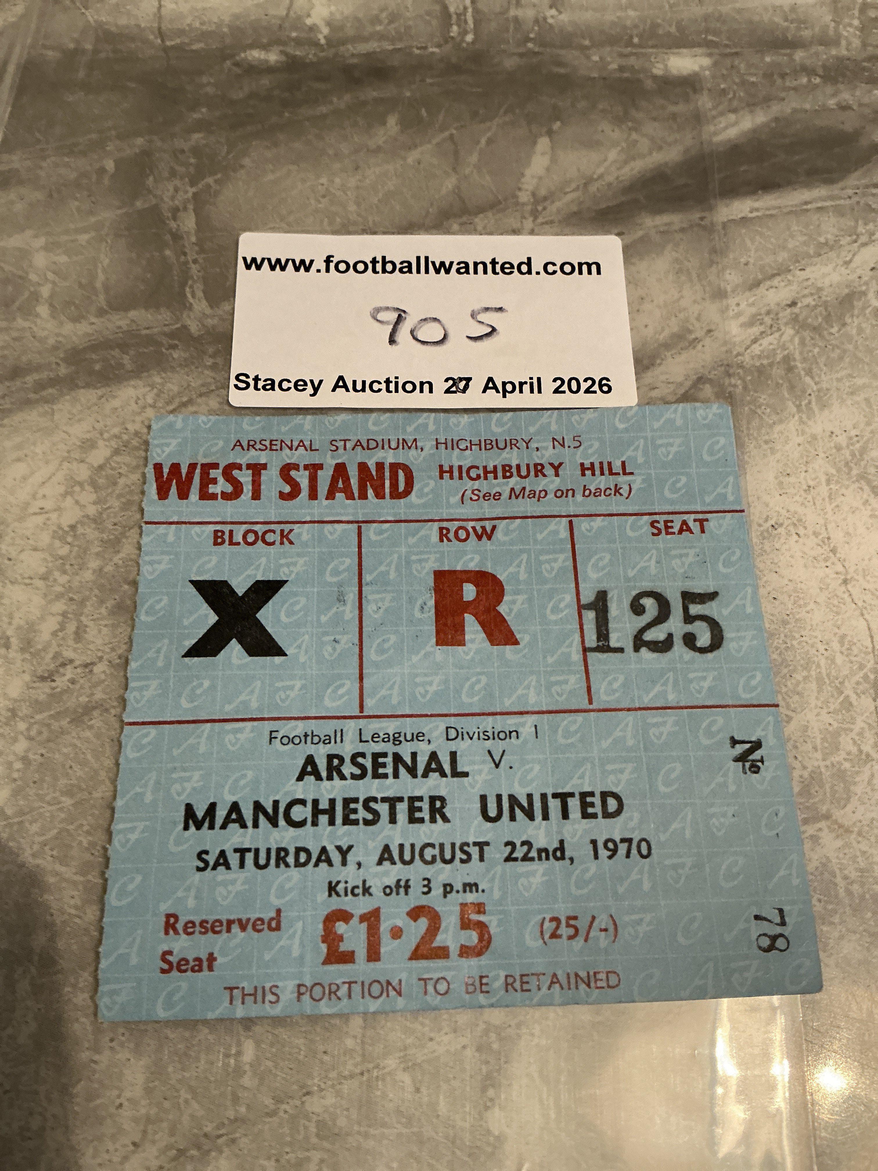 70/71 Arsenal v Manchester United Football Ticket: 1st division match ticket dated 22 8 1970 in season Arsenal won the double.