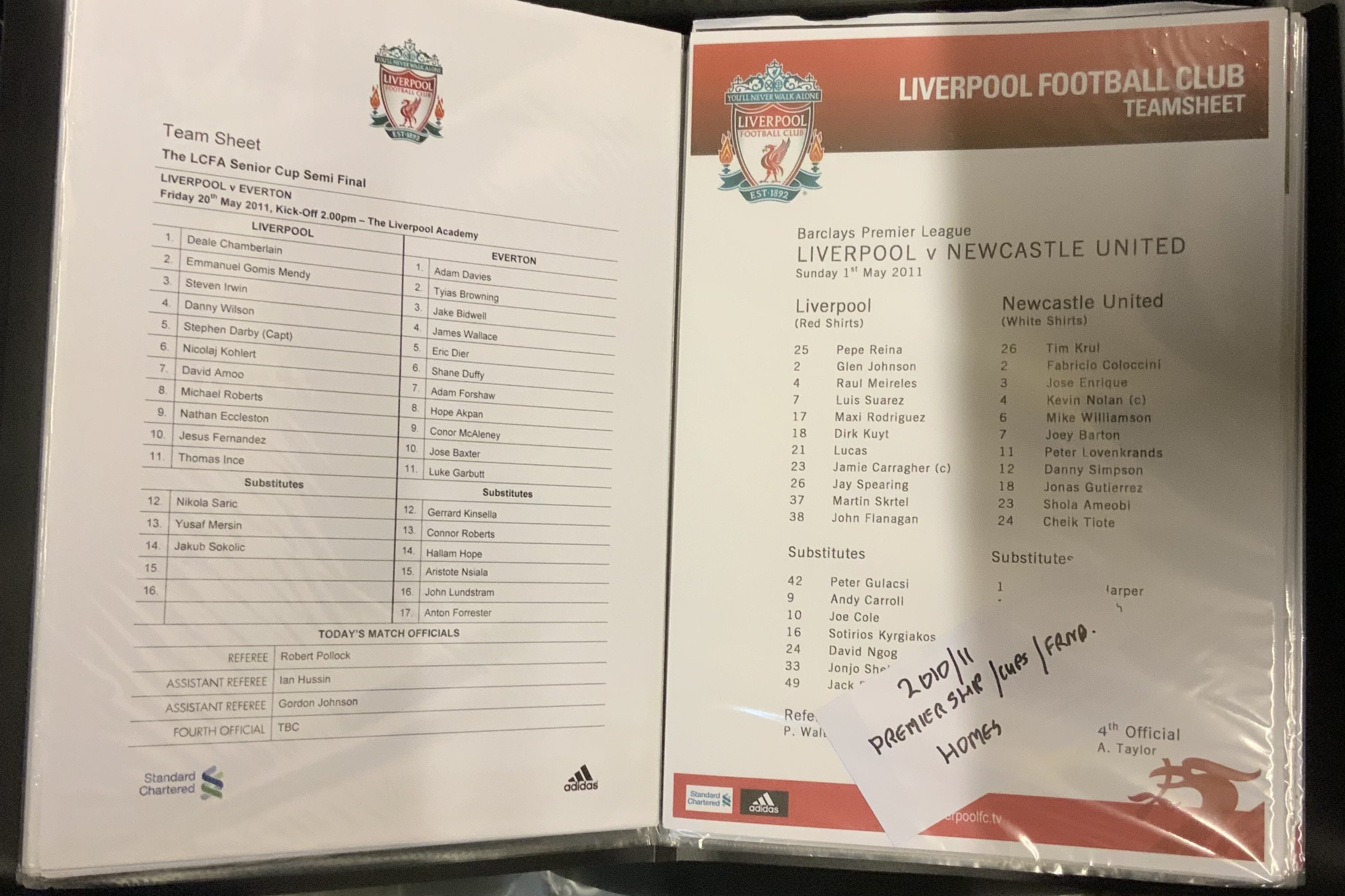 Liverpool Football  team sheets: A large collection of original team sheets home and away from the early 1990s to modern. Many hundreds if not four figures, Includes finals, European aways, big match, memorabilia etc. Possible complete sets. Beautifully presented in 25 binders. Many sleeves have multiple team sheets within so viewing recommended. (2 boxes). 
