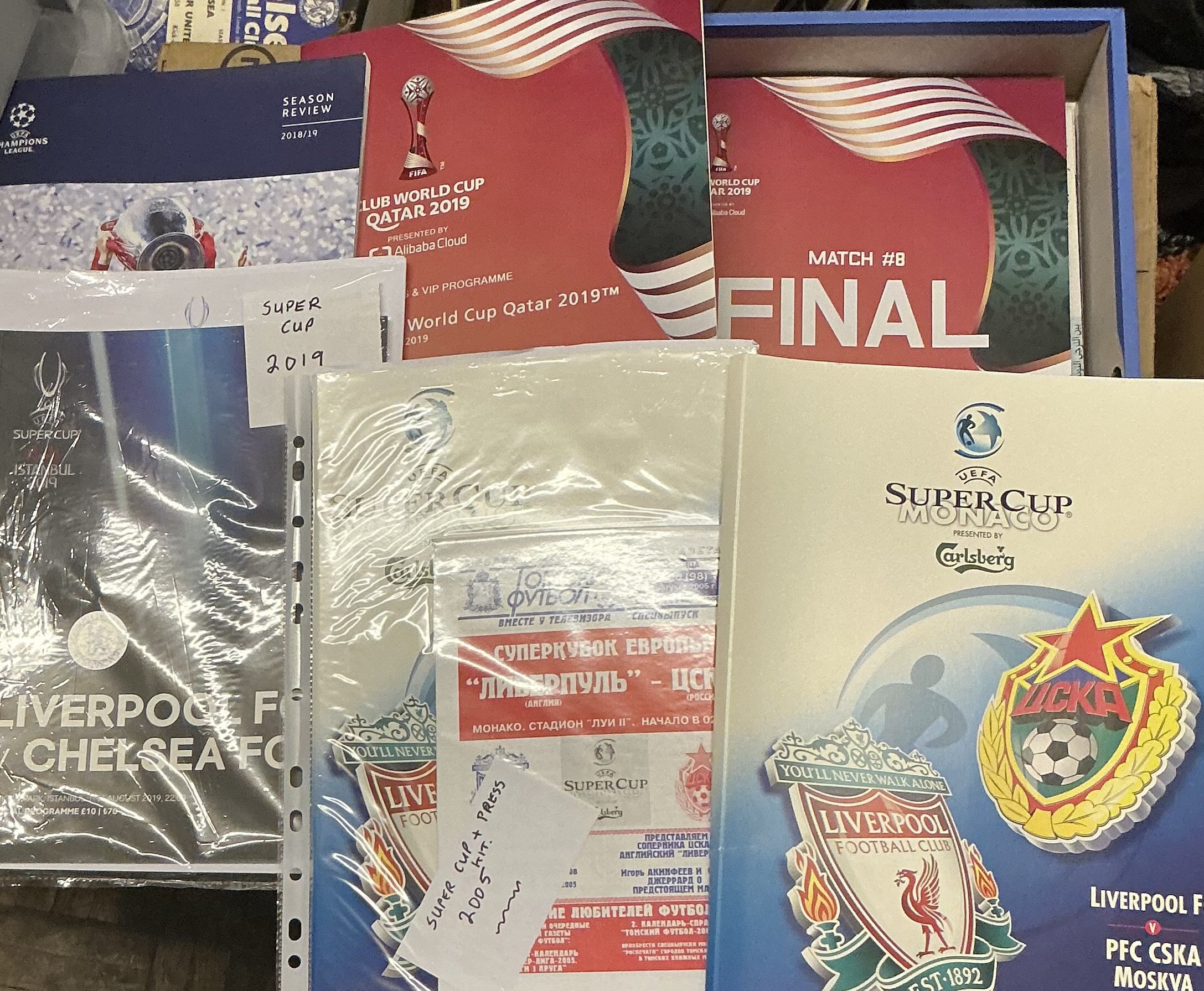 Liverpool European and domestic finals Football Programmes: Folders of Liverpool finals both in England and abroad with local newspapers, team sheets, special edition programmes and memorabilia etc. Very comprehensive collection with lots of unusual items. The European Cup Final 1977 includes 8 original press photos. (2 boxes) 