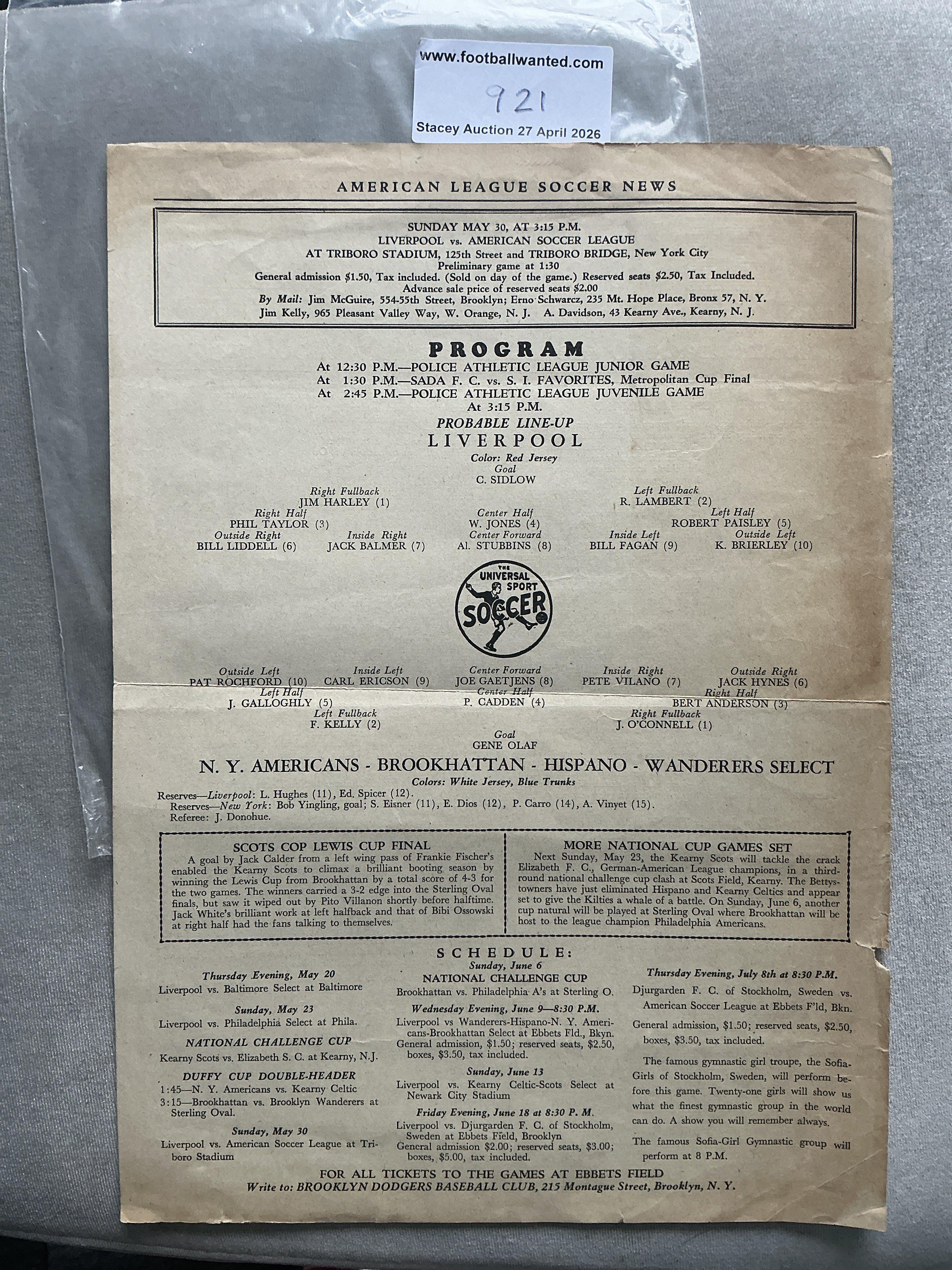 1948 New York Americans v Liverpool Football Programme: Large double sided page with fold headed American League Soccer News dated May 16 1948. Believed to be given free on entry to match. Good with tiny tear to edge. 