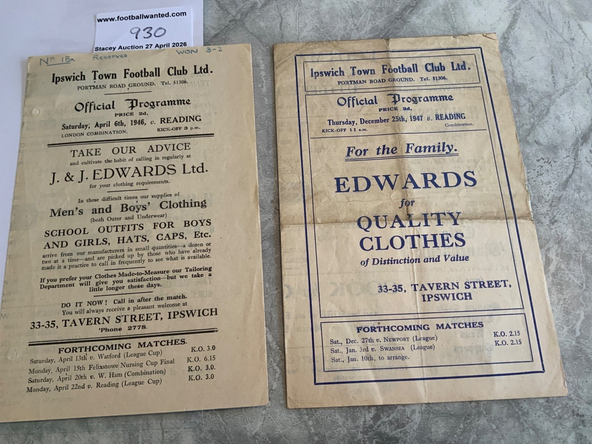 1940s Ipswich Town v Reading Reserves Football Programmes: 45/46 dated 6 4 1946 with professional repair to punch holes and writing to cover. C/W 47/48 on Christmas Day with folding but no writing. (2)