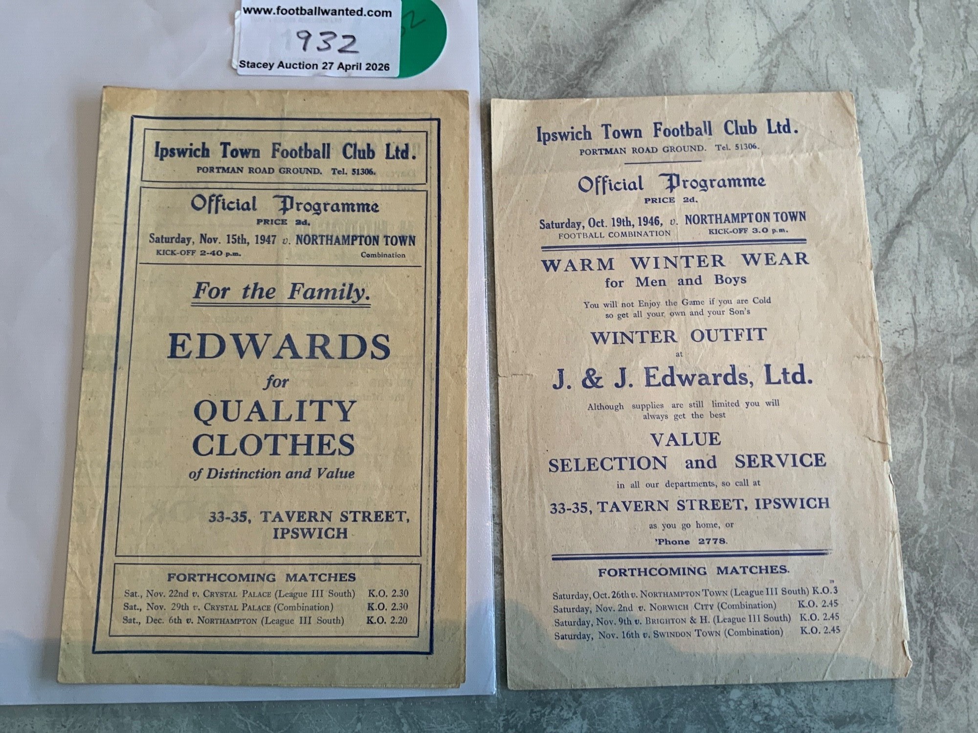 1940s Ipswich Town v Northampton Reserves Football Programmes: 46/47 + 47/48 in very good condition with no writing. (2)