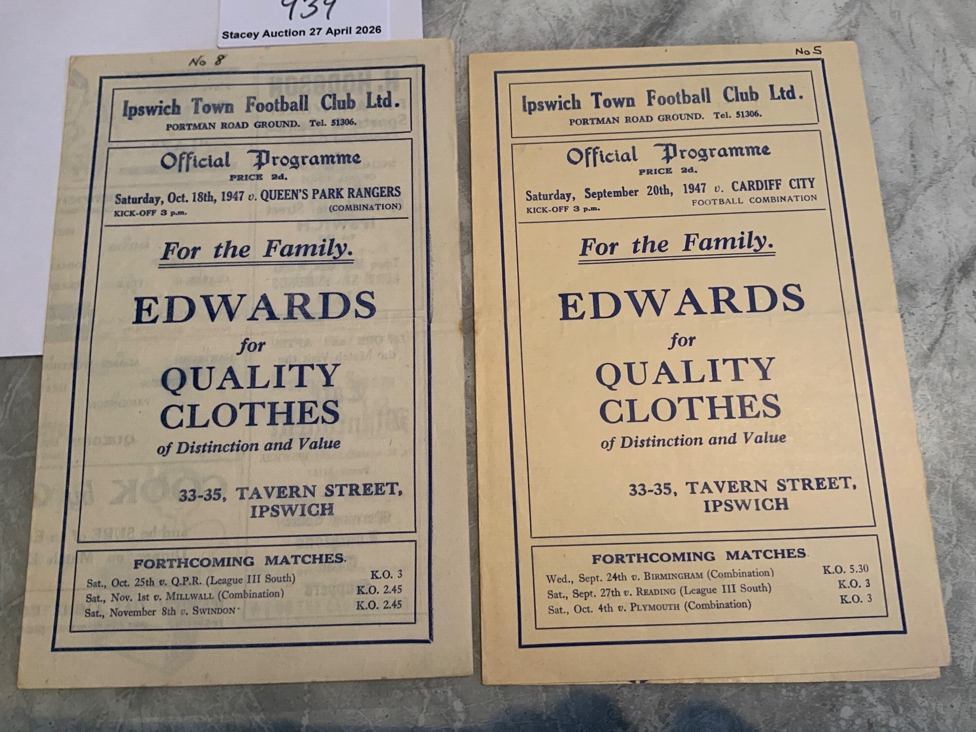 47/48 Ipswich Town Reserve Football Programmes: Combination matches v Cardiff and QPR team changes. Both very good with number to covers border. (2)
