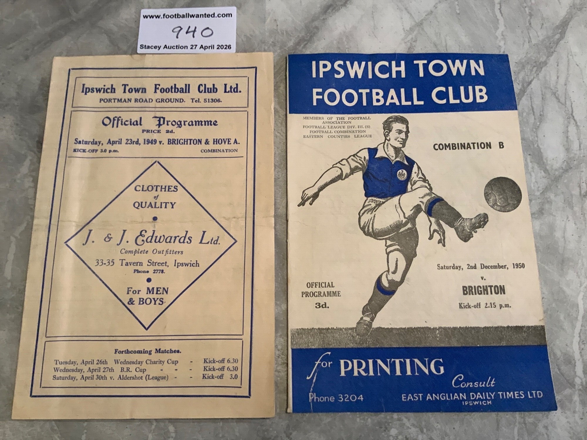 Ipswich Town v Brighton Reserves Football Programmes: 48/49 team changes and 50/51 with no writing. Both very good. (2)
