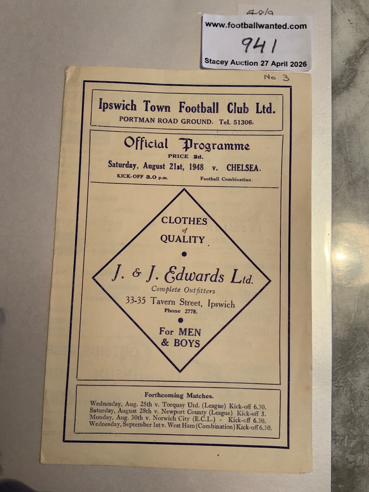 48/49 Ipswich Town v Chelsea Reserves Football Programme: Football Combination match in excellent condition dated 21 8 1948 with no team changes. Number written to covers border.
