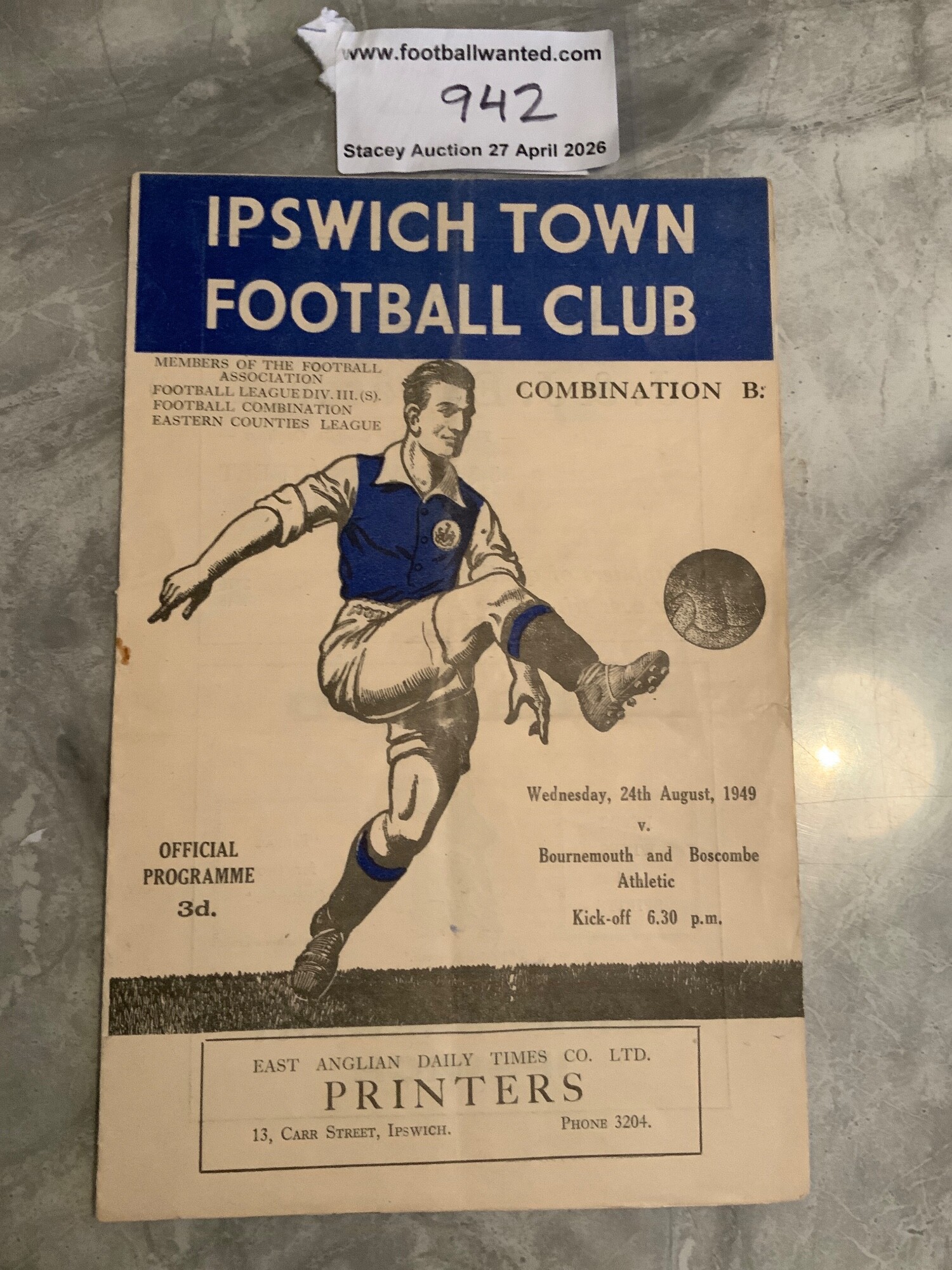49/50 Ipswich Town v Bournemouth Reserves Football Programme: Football Combination match in excellent condition dated 24 8 1949 with no team changes.