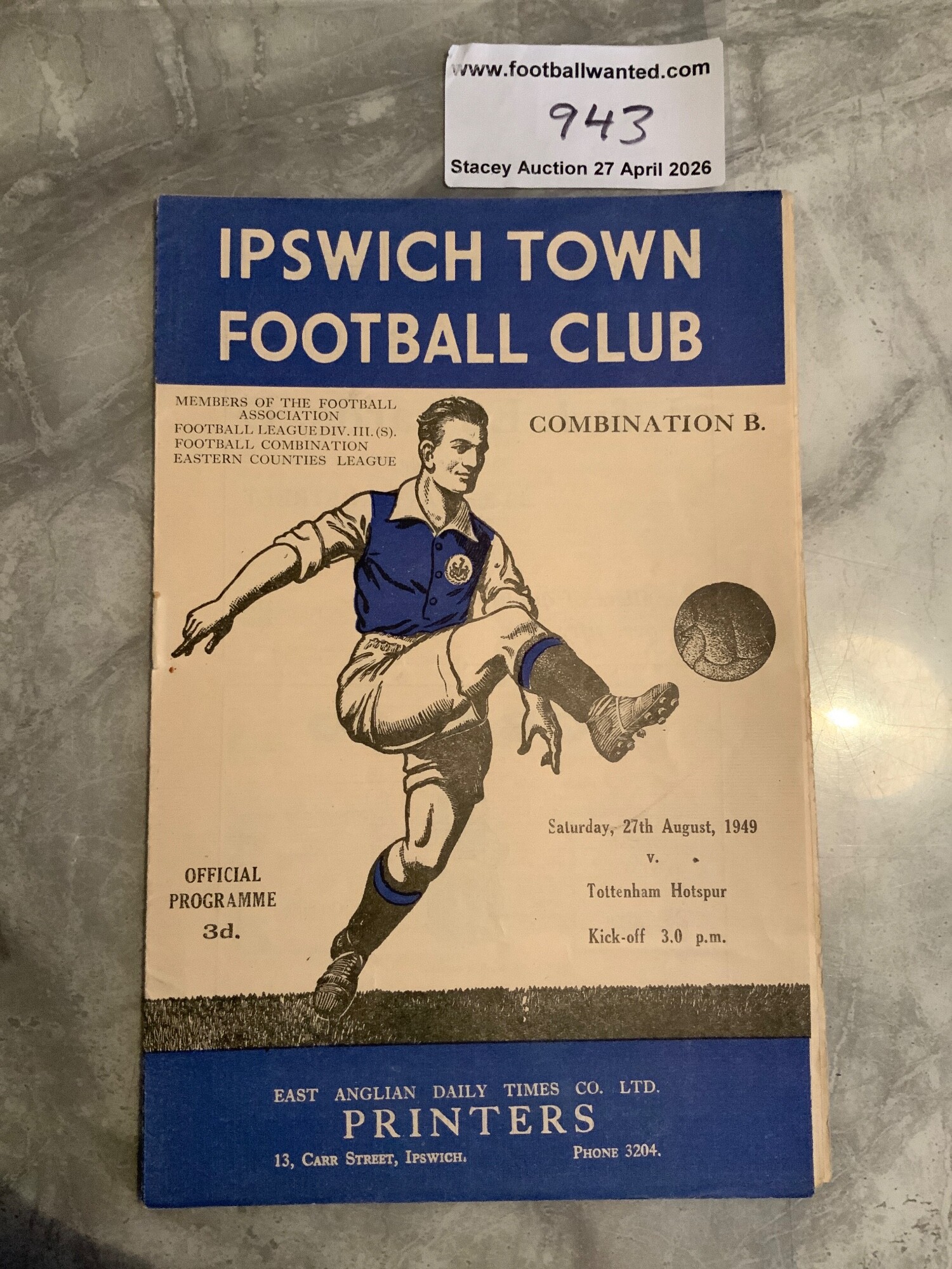 49/50 Ipswich Town v Tottenham Reserves Football Programme: Football Combination match in excellent condition dated 27 8 1949 with no team changes.
