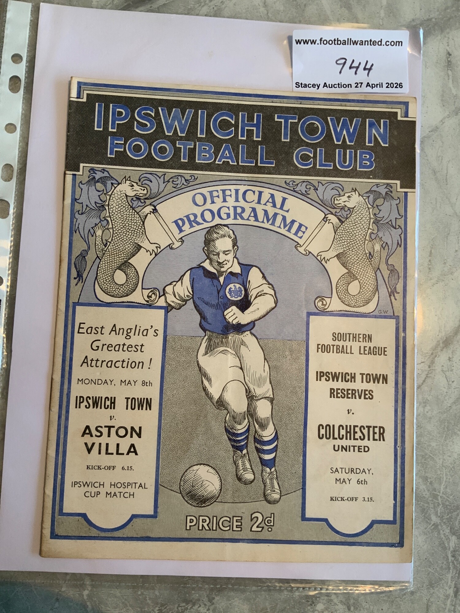 38/39 Ipswich Town Reserves v Colchester United Football Programme:Excellent condition end of season friendly dated 5 5 1939 with application for 39/40 season ticket inside. No team changes.