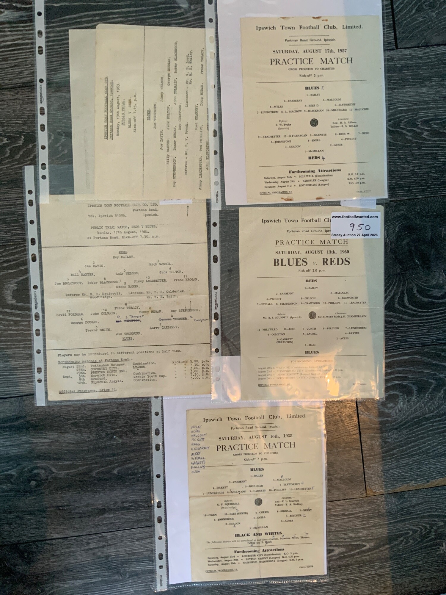 Ipswich Town Single Sheet Practice Match Football Programmes: 17 8 1957 sof, 16 8 1958 writing and folding, 13 8 1960 Very good with no writing, 19 8 1963 folding, 17 8 1964 team changes. Hard to obtain large single sheets. (5)