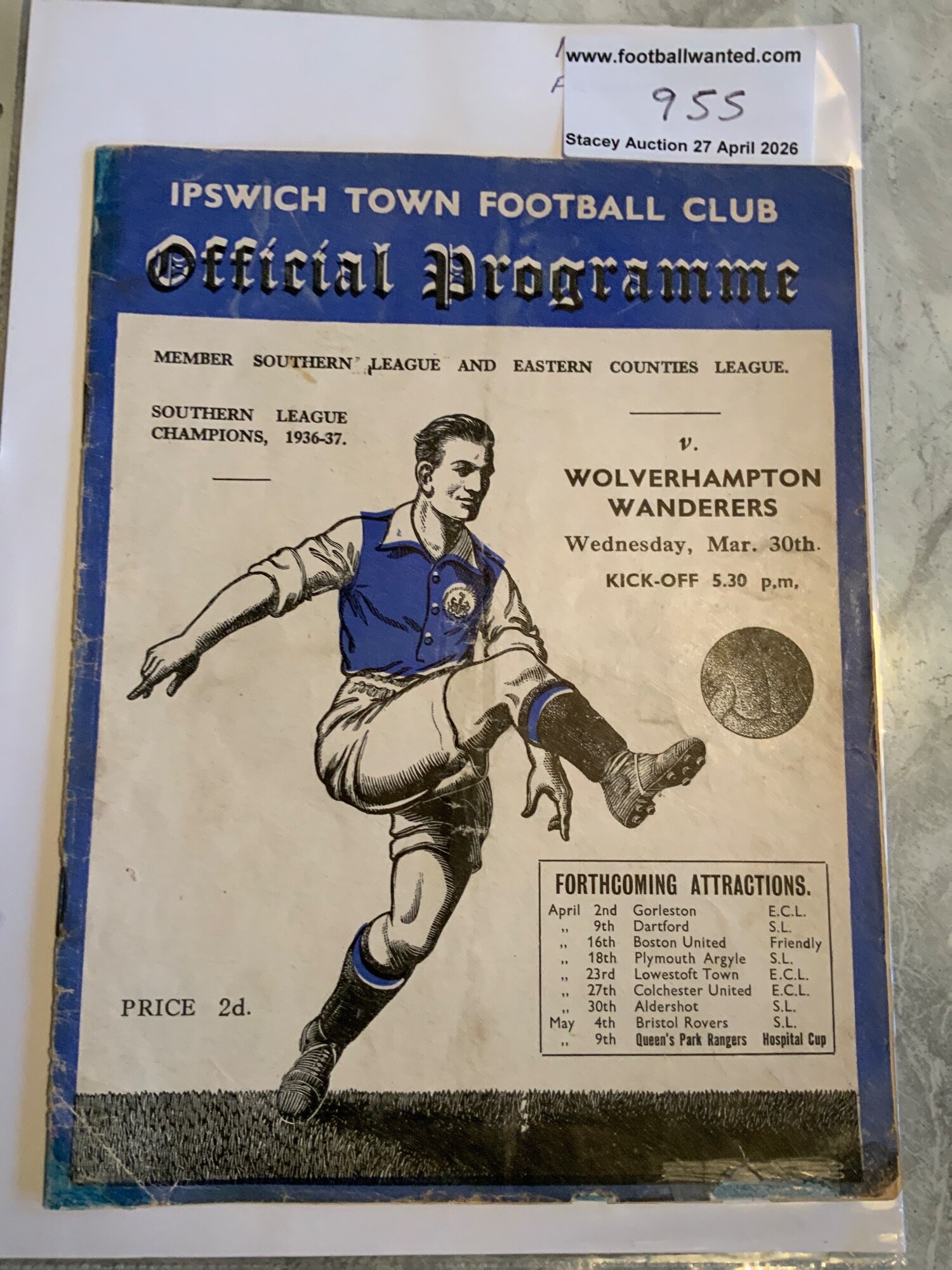 37/38 Ipswich Town v Wolves Football Programme: Friendly match 30 3 1938 in very good condition with one pencilled team change.