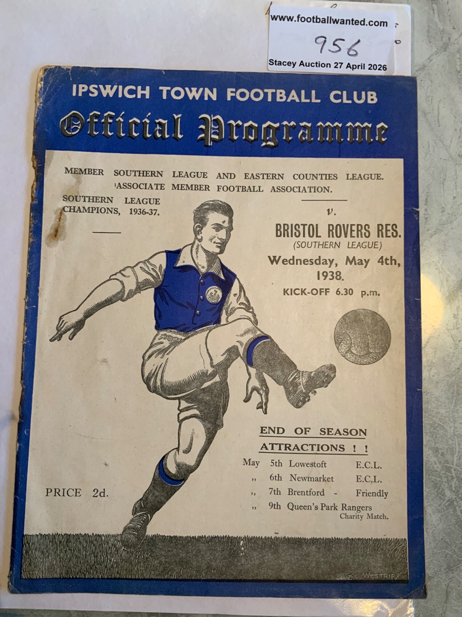 37/38 Ipswich Town v Bristol Rovers Reserves Football Programme: Southern League match 4 5 1938 in good condition with no team changes. Tear at top of spine and staples rotted away.