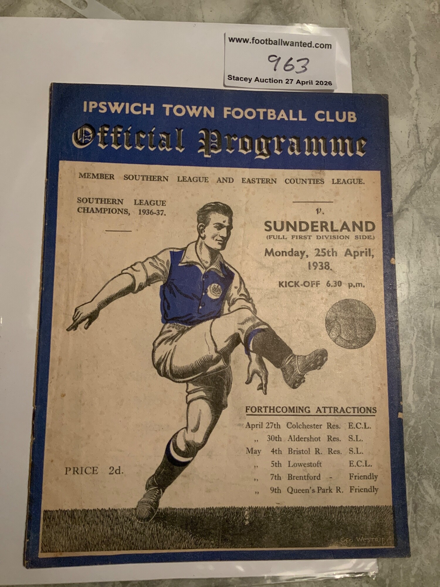 37/38 Ipswich Town v Sunderland Football Programme: Friendly dated 25 4 1938 in excellent condition with no team changes.