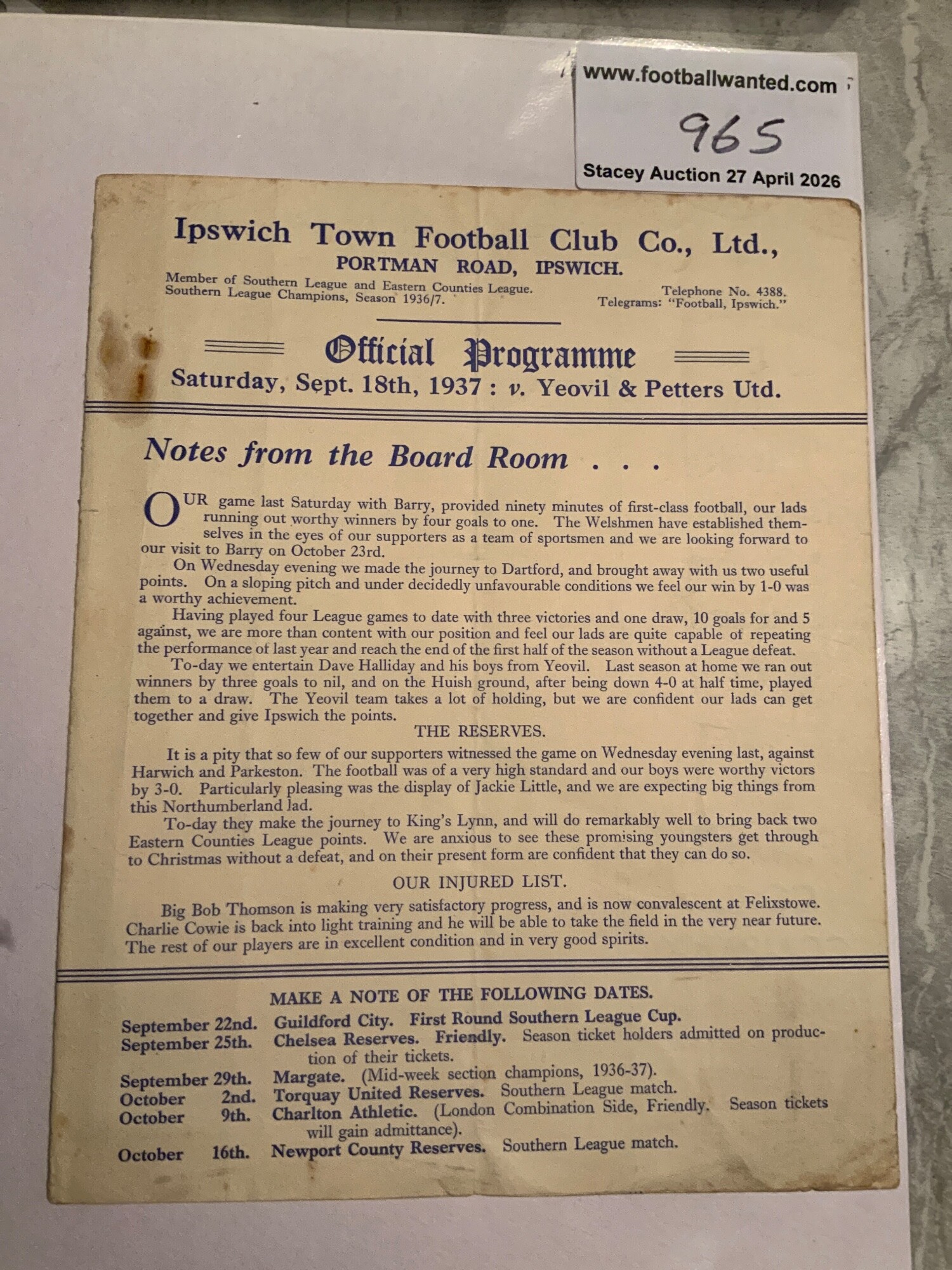 37/38 Ipswich Town v Yeovil + Petters Football Programme: Four pager dated 18 9 1937. Good condition with no team changes. Light fold and tiny rust mark.