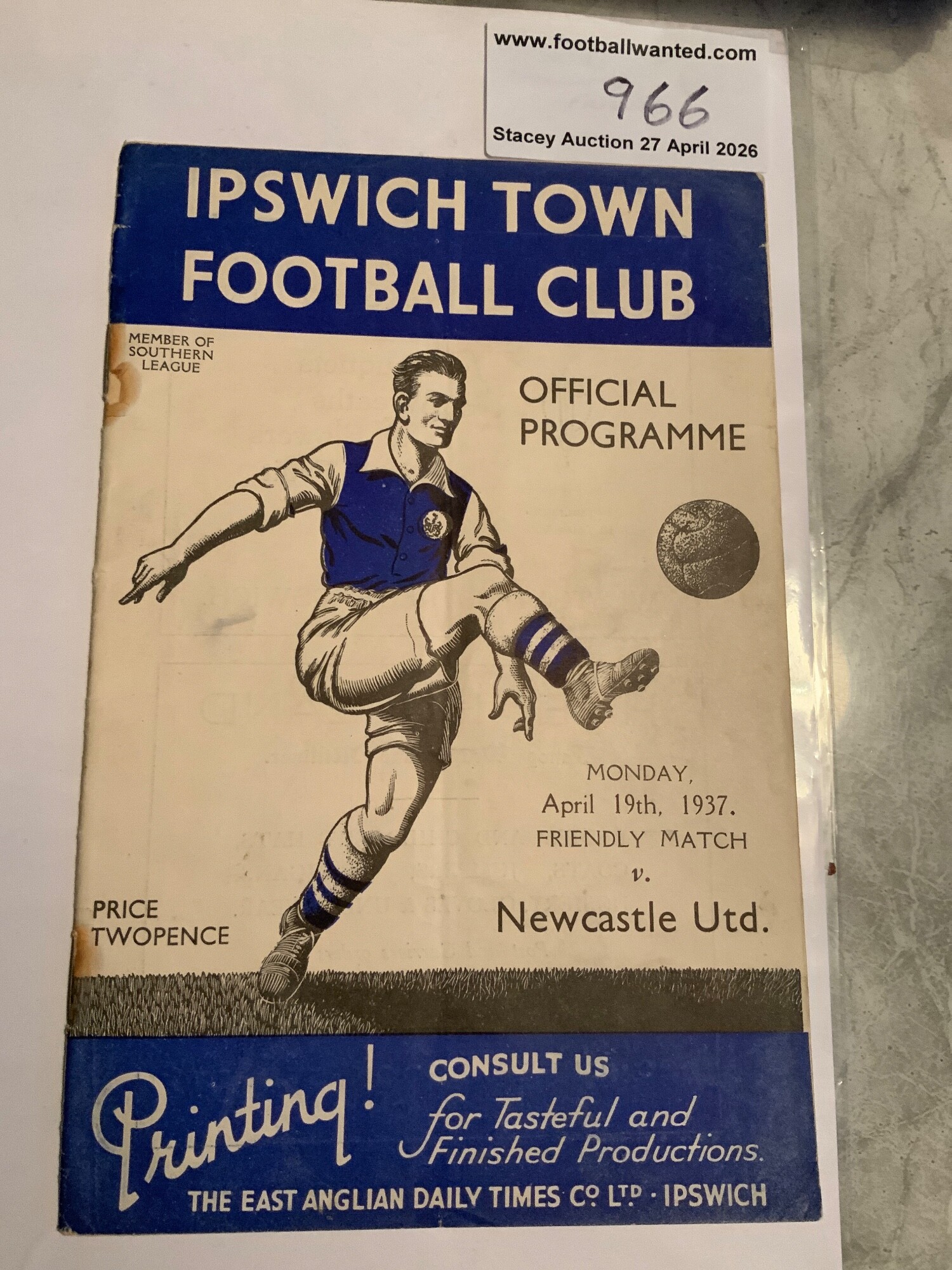 36/37 Ipswich Town v Newcastle United Football Programme: Friendly match dated 19 4 1937. Rusty staples holding firm and no team changes.