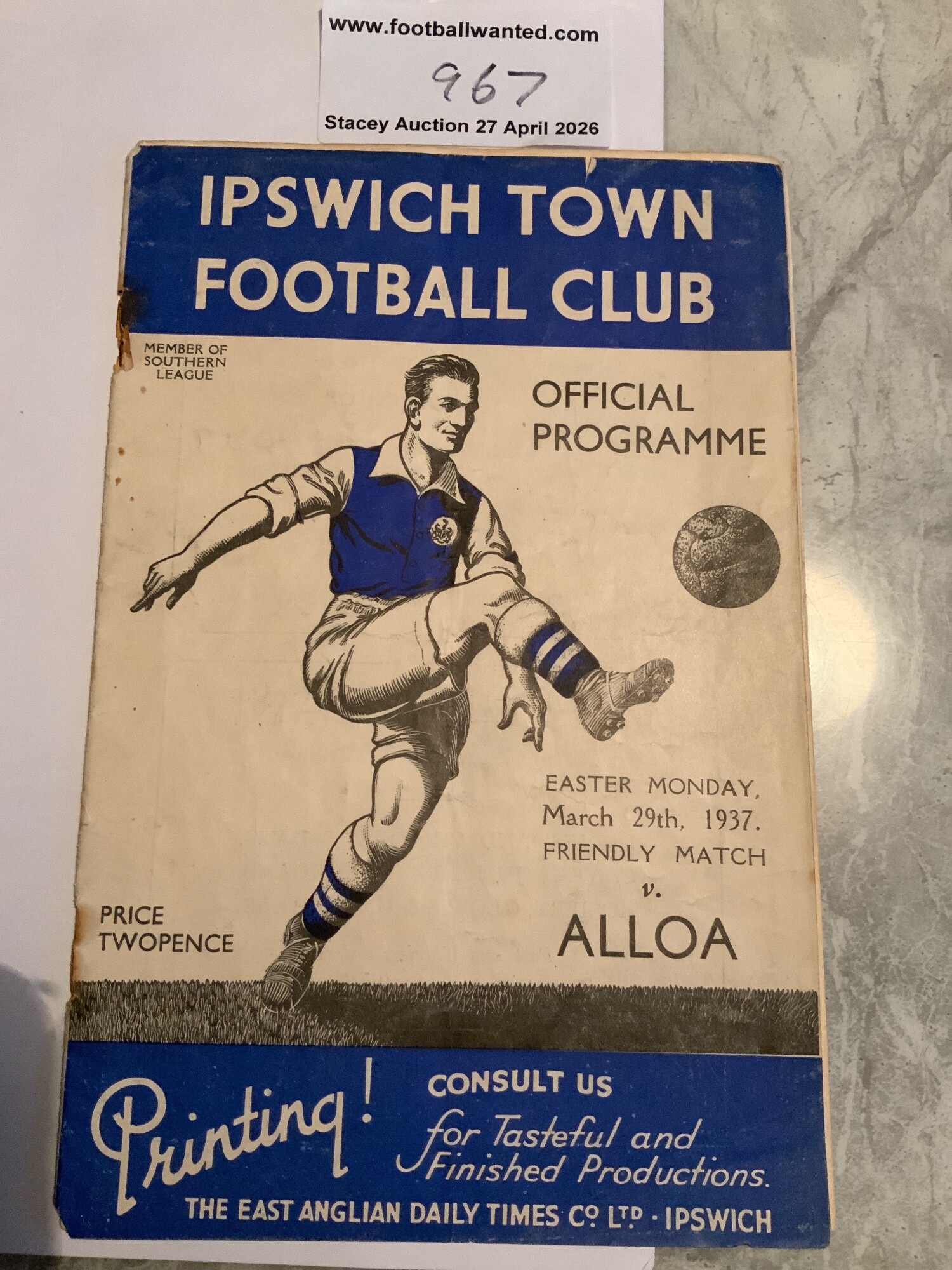 36/37 Ipswich Town v Alloa Football Programme: Friendly match dated 29 3 1937. Rusty staples holding firm and team changes.