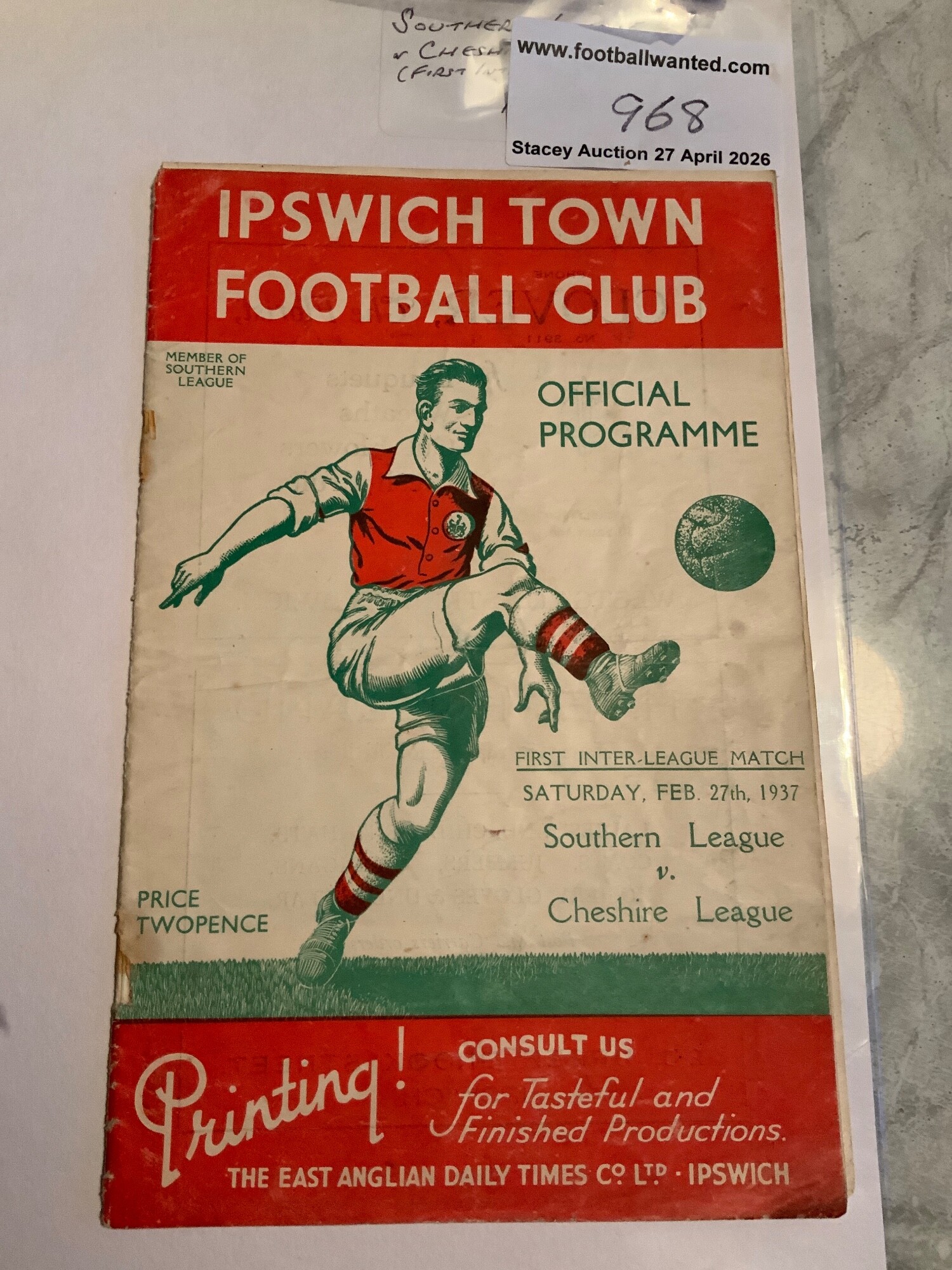 36/37 Inter League Football Programme At Ipswich: Southern League v Cheshire League dated 27 2 1937 which was the first Inter League match at Portman Road. Staples rusted away leaving hole and rear page has smallest piece missing from corner. Fair/good with no team changes.