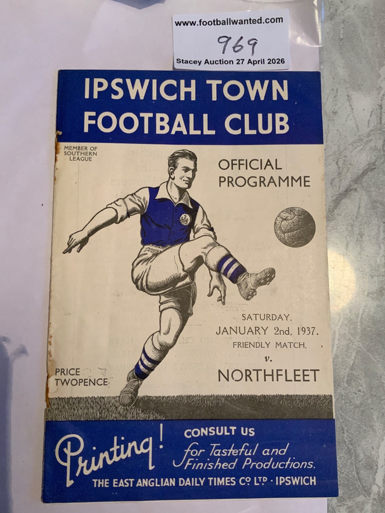 36/37 Ipswich Town v North fleet Football Programme: Friendly match dated 2 1 1937. One rusty staple the other missing. Rust marks evident at staple area. Complete with no team changes. Good.