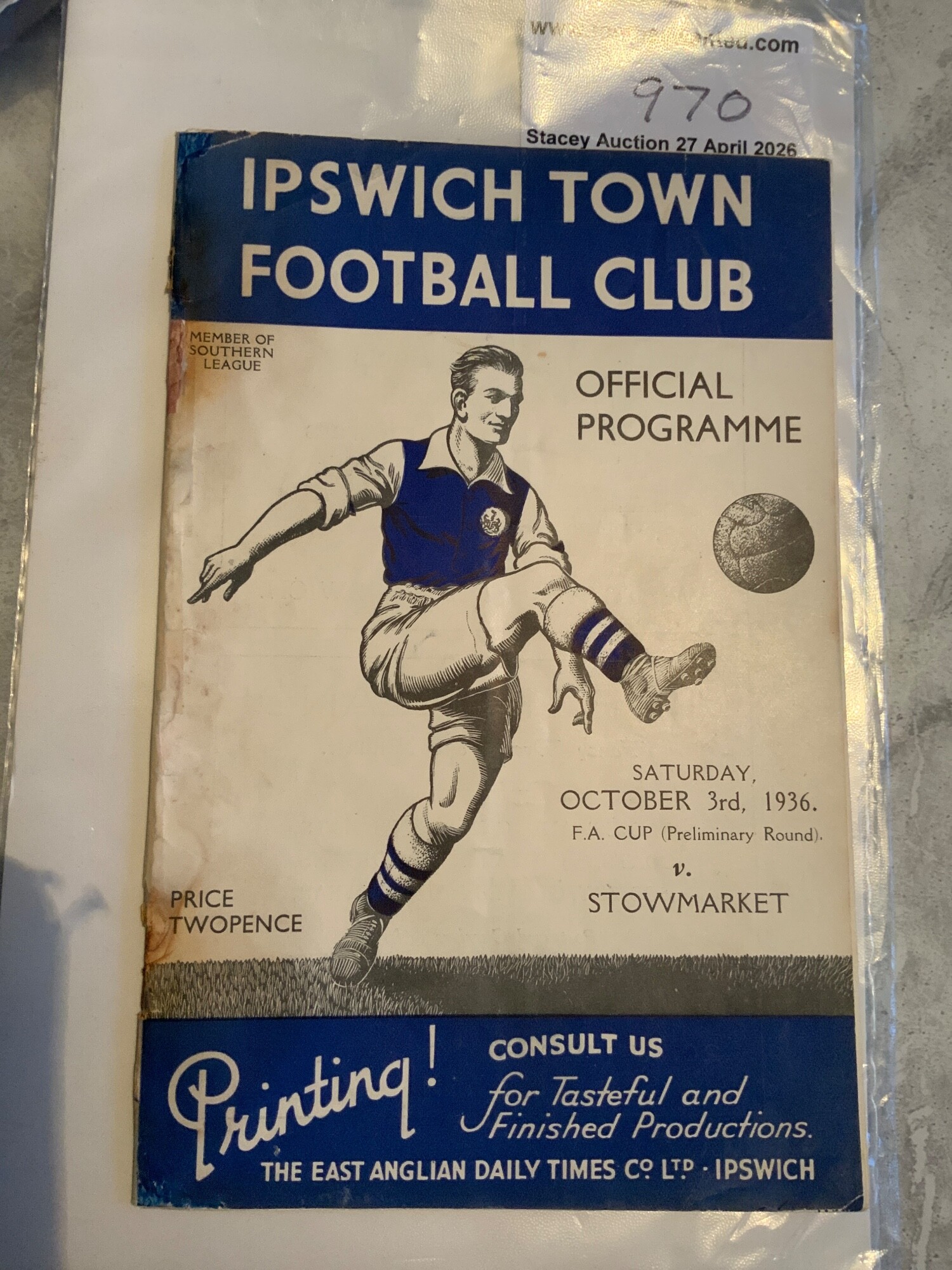 36/37 Ipswich Town v Stowmarket Football Programme: FA Cup preliminary match dated 3 10 1936. Professional repair mainly to area where staples had previously rotted away. Rusty staple holding marks still evident. Complete with no team changes.