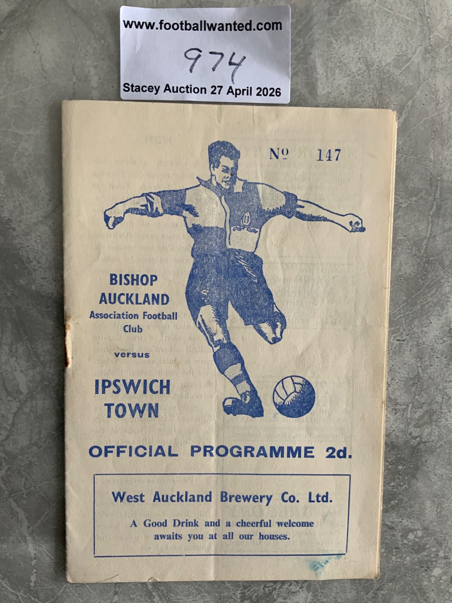 54/55 Bishop Auckland v Ipswich Town FA Cup Football Programme: Good condition replay programme with no team changes. Rusty staple holding firm and light fold.