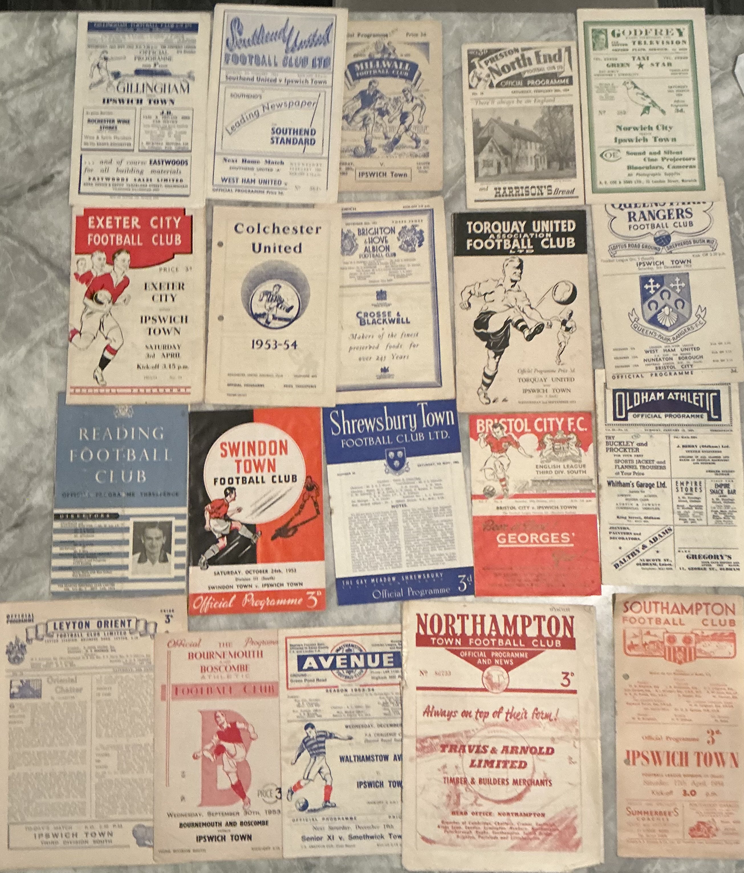 53/54 Ipswich Town Away Football Programmes: Excellent condition to include Orient Reading, Exeter, Gillingham, Colchester punch holes, Southend, Bournemouth, Millwall, Brighton, Shrewsbury, Torquay, Norwich, Northampton faults, QPR, Oldham stain, Southampton punch holes, Walthamstow, Swindon, Bristol City, Preston. Good unless stated. (20)