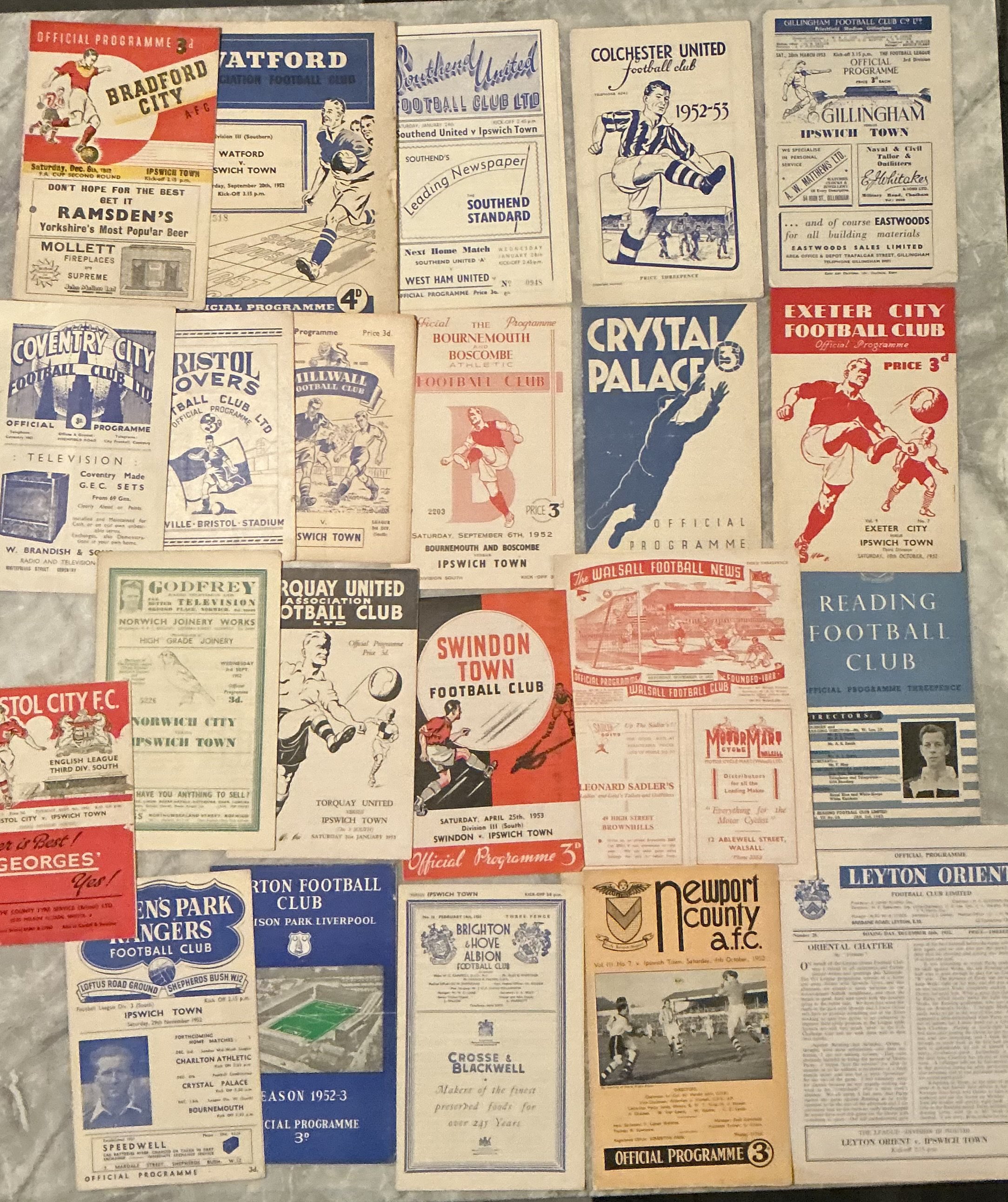 52/53 Ipswich Town Away Football Programmes: Excellent condition to include Orient Reading, Exeter, Gillingham, Colchester, Crystal Palace, Newport, Southend, Walsall tears, Bournemouth, Swindon, Watford, Millwall, Brighton, Torquay,  Bristol Rovers, Norwich. QPR, Bristol City, Coventry. FA Cup matches v Everton poor and Bradford City hole punch. Good unless stated. (22)