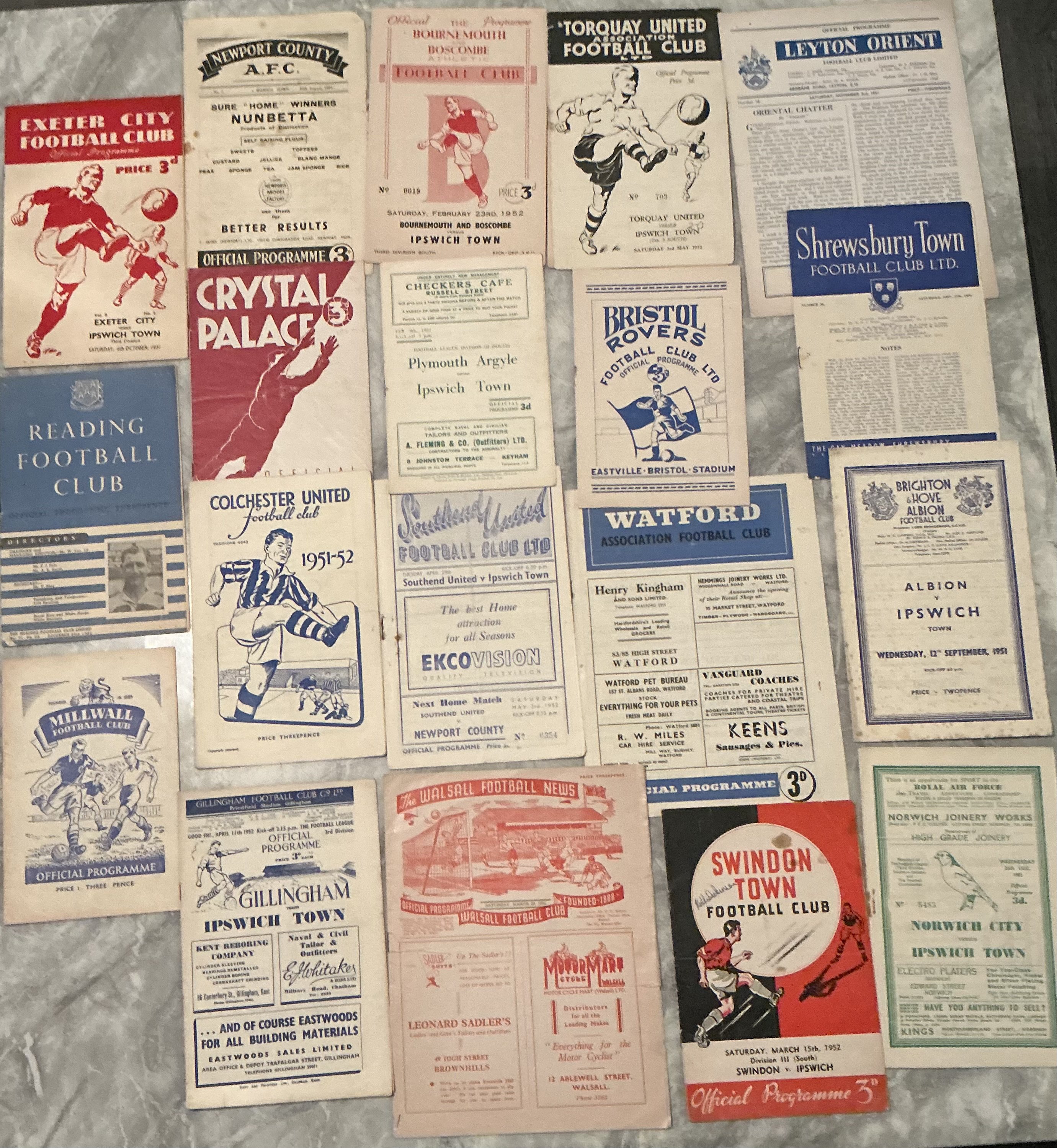 51/52 Ipswich Town Away Football Programmes: Excellent condition to include Orient Reading, Exeter, Gillingham, Colchester, Crystal Palace, Newport staple missing, Plymouth, Southend, Walsall, Bournemouth, Swindon name to cover, Watford, Millwall, Brighton, Shrewsbury, Torquay sof, Bristol Rovers, Norwich. Good unless stated. (19)