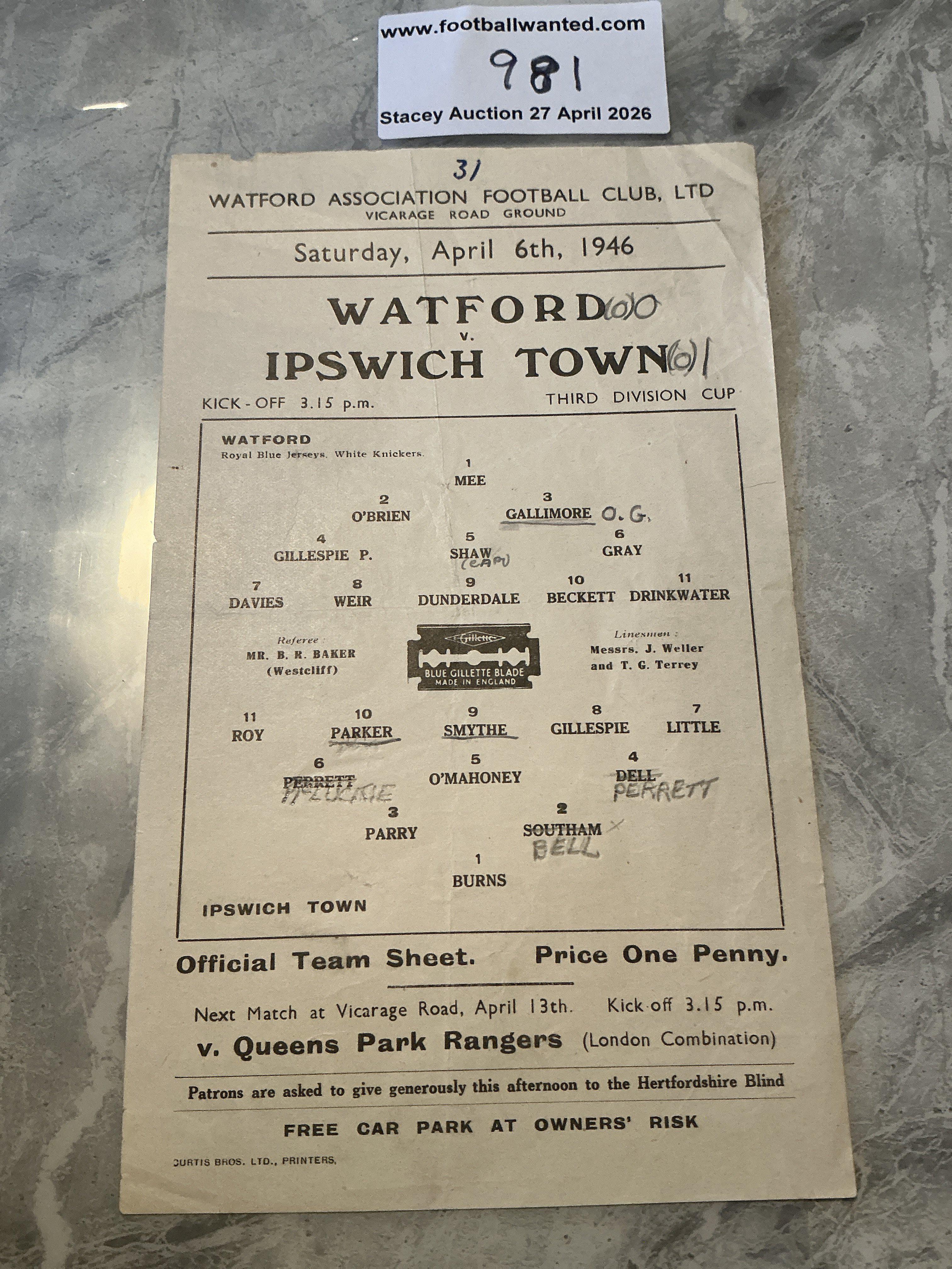 45/46 Watford v Ipswich Town Football Programme: Good condition single sheet dated 6 4 1946 for the 3rd division cup. Number written to cover in pen plus pencilled team changes. 
