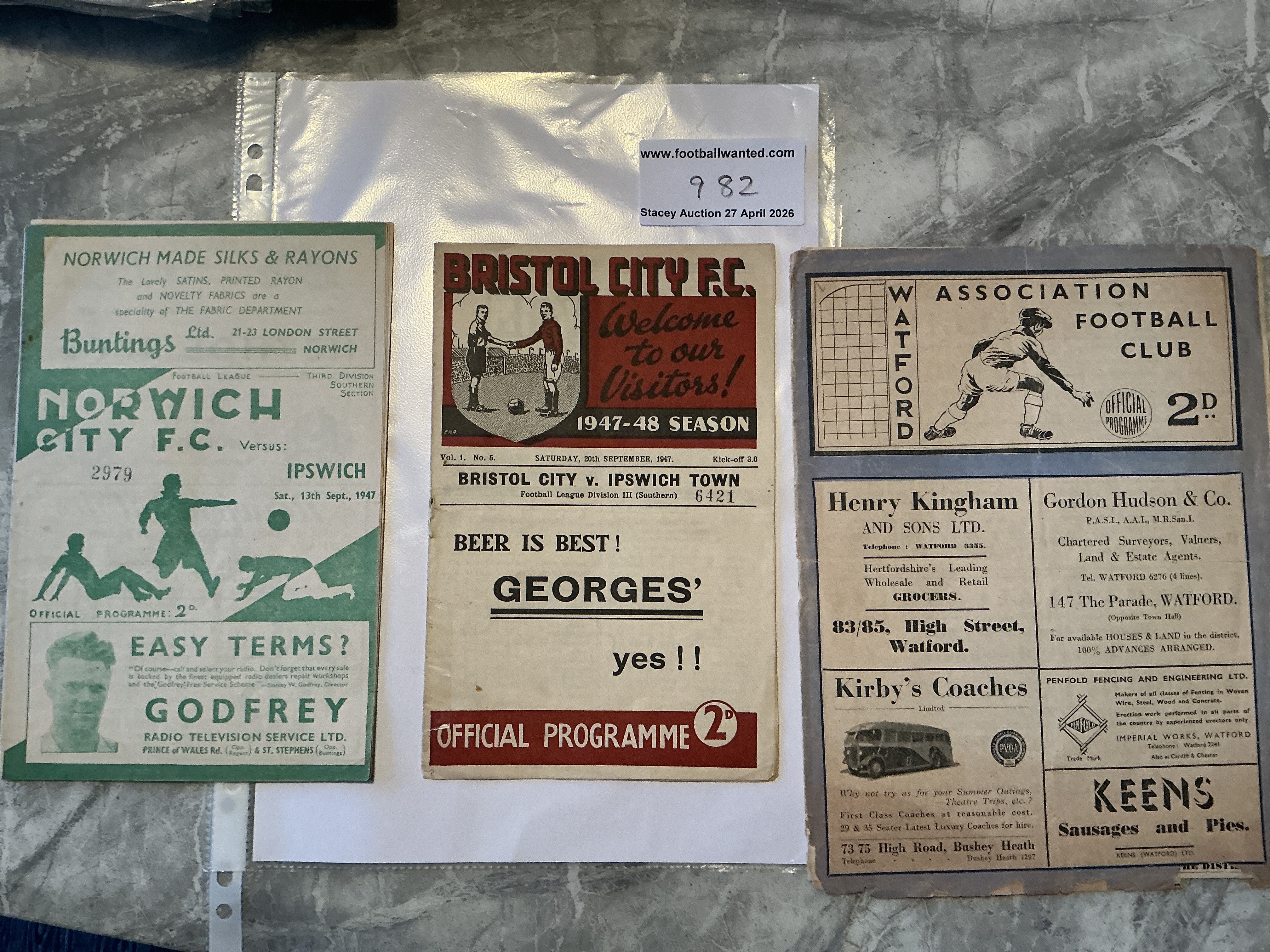 47/48 Ipswich Town Away Football Programmes: Division 3 matches v Norwich and Bristol City both very good plus Watford which has paper loss to lower border. No team changes. (3)