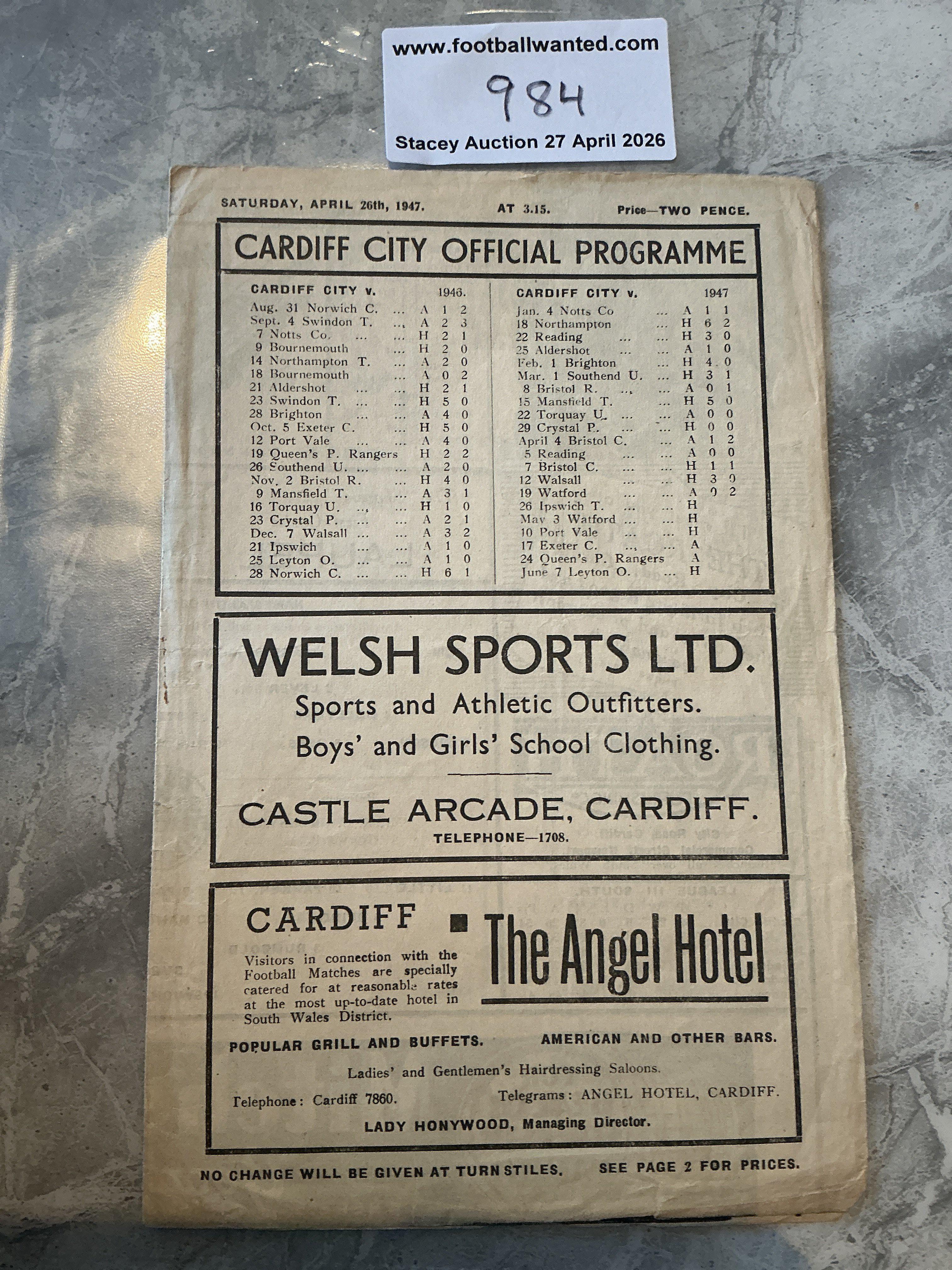 46/47 Cardiff City V Ipswich Town Football Programme: Good condition with folding no team changes. Score neatly written inside 4 pager. 