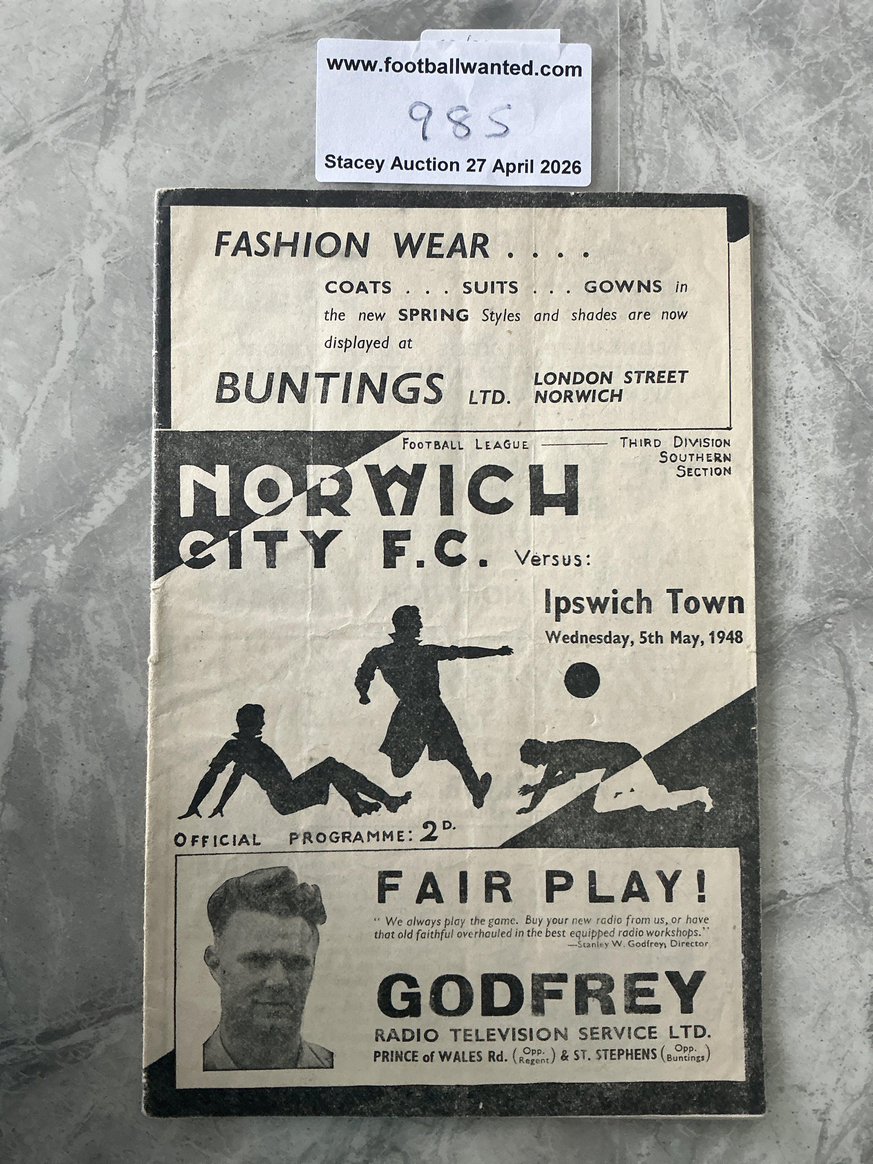 47/48 Norwich City V Ipswich Town Jubilee Cup Football Programme: Dated 5 5 1948 in good condition with folding but no team changes. 
